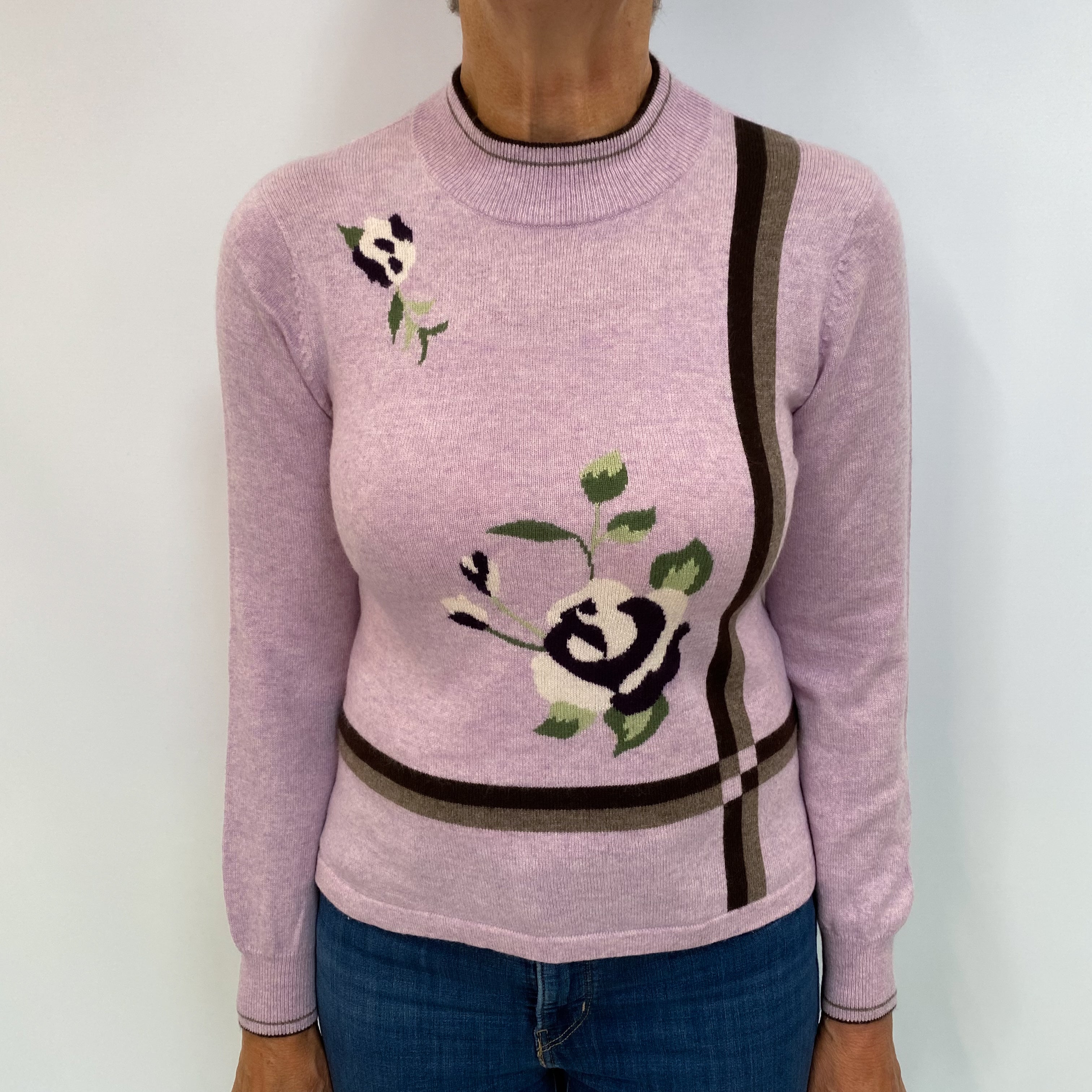 Lavender Purple Patterned Cashmere Polo Neck Jumper Medium