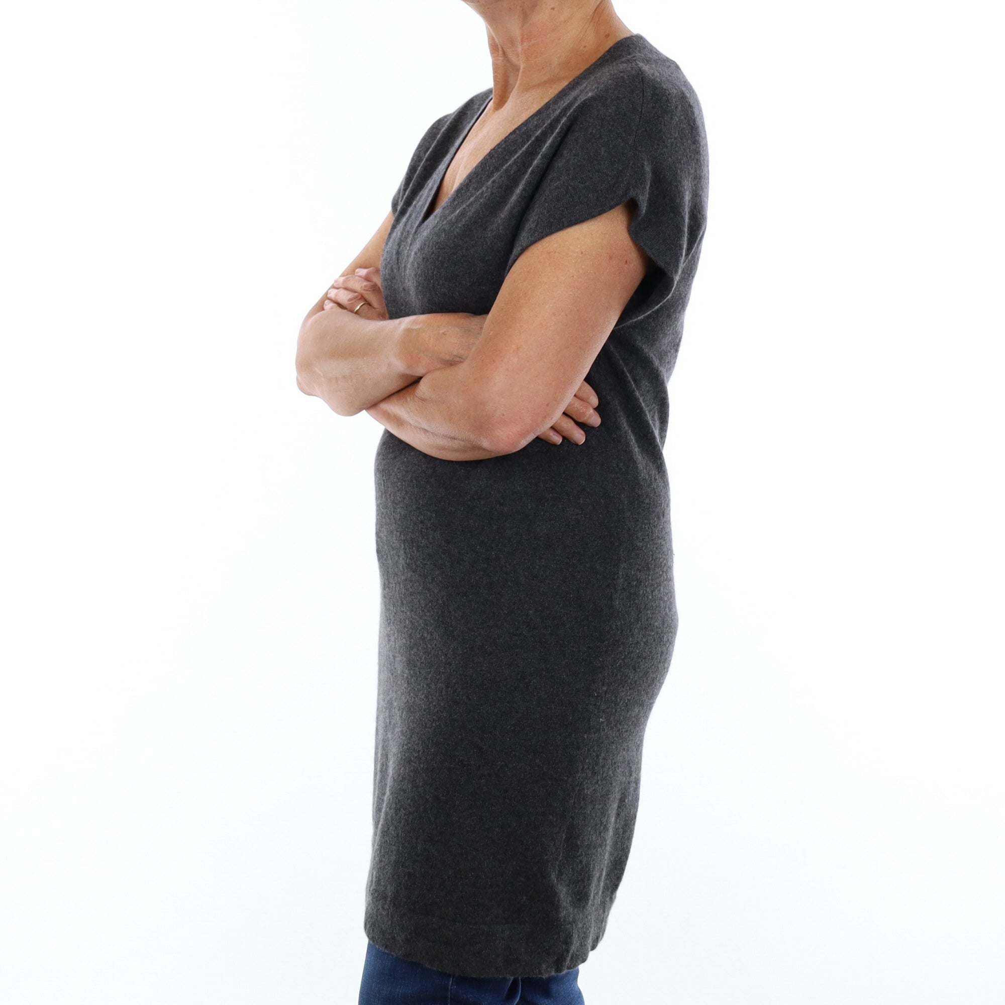 Charcoal Grey Cashmere V Neck Short Sleeve Tunic Medium