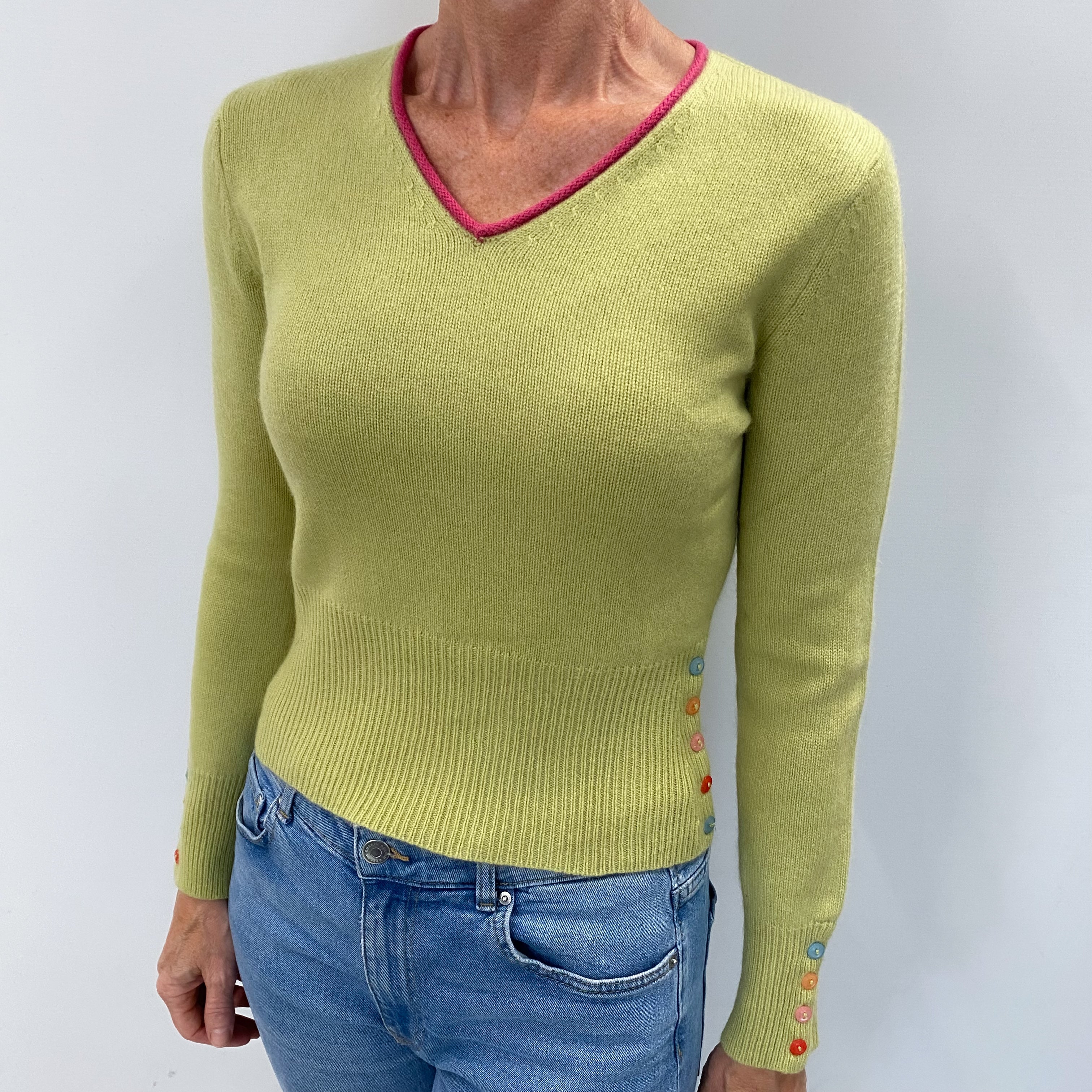 Pistachio Green Cashmere V Neck Jumper Small