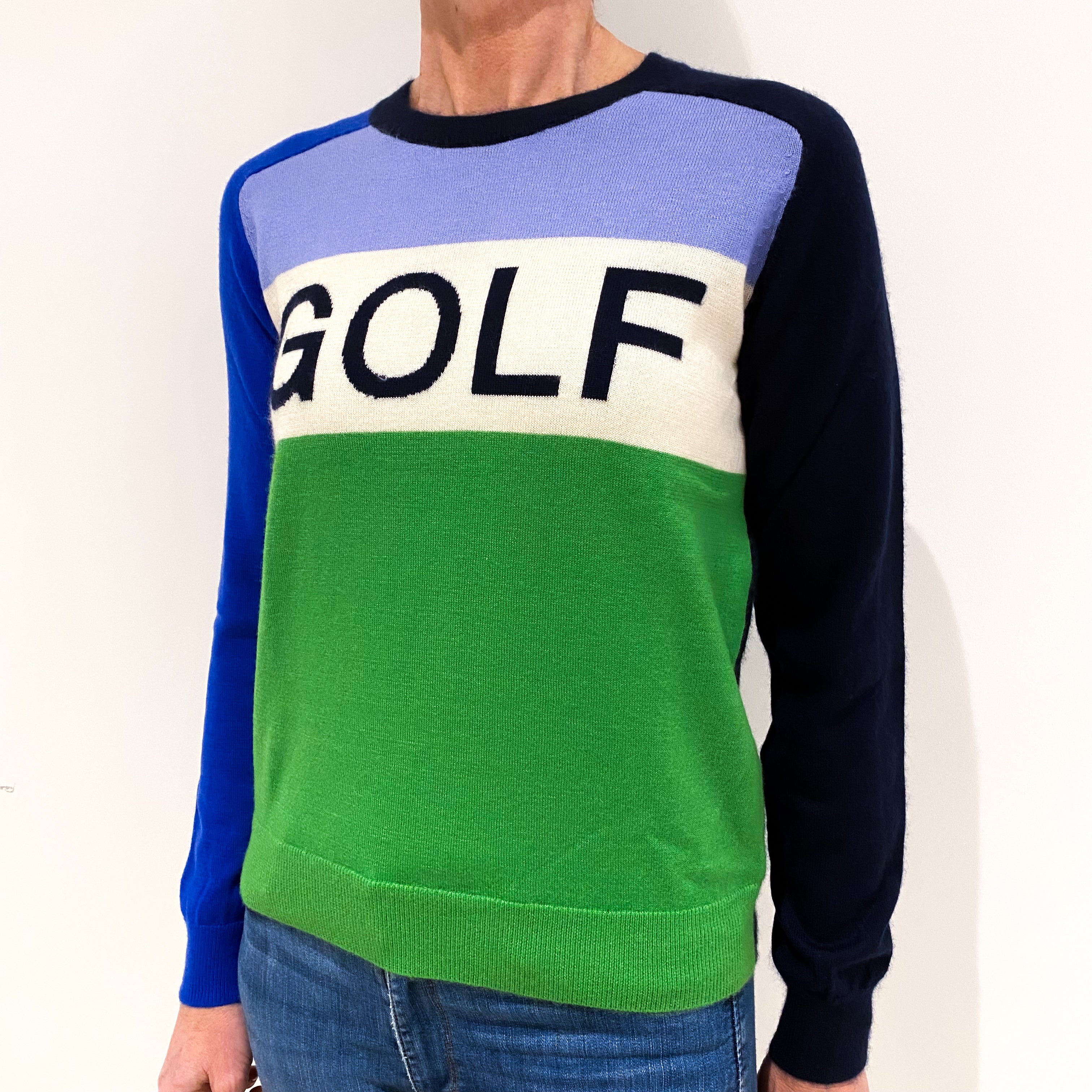 Tory Burch Blue, Green and Block ‘Golf’ Logo Cashmere Crew Neck Jumper Small