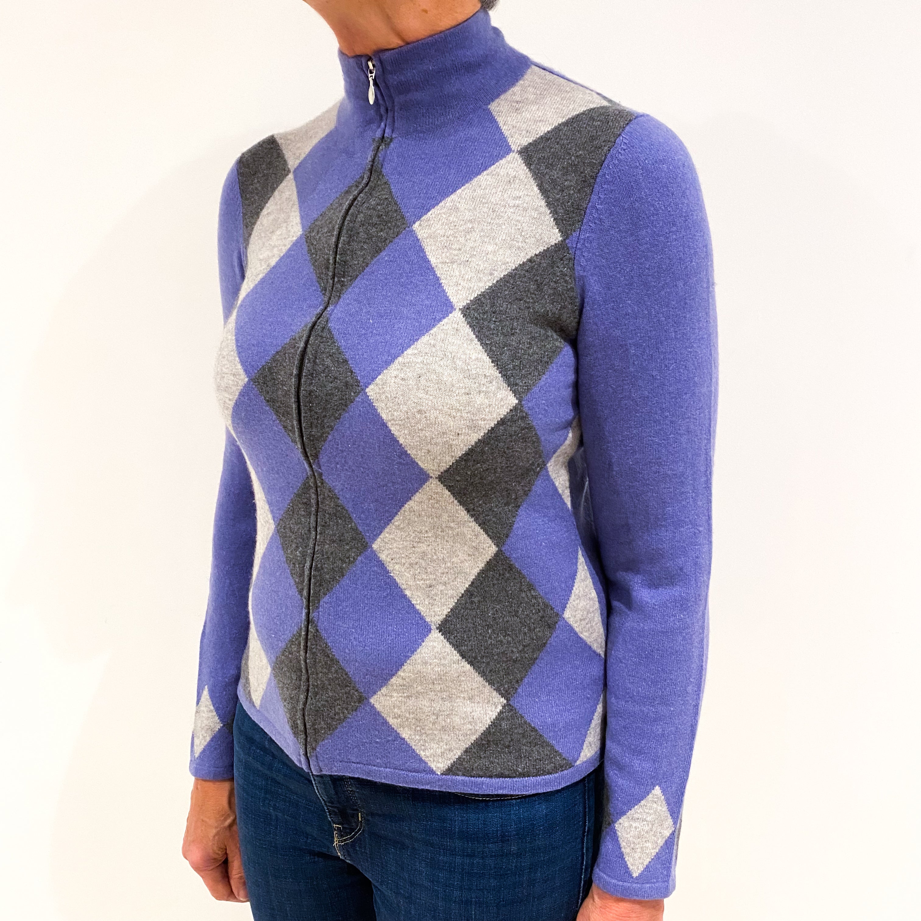 Blue Grey Diamond Pattern Cashmere Zip Up Cardigan Medium