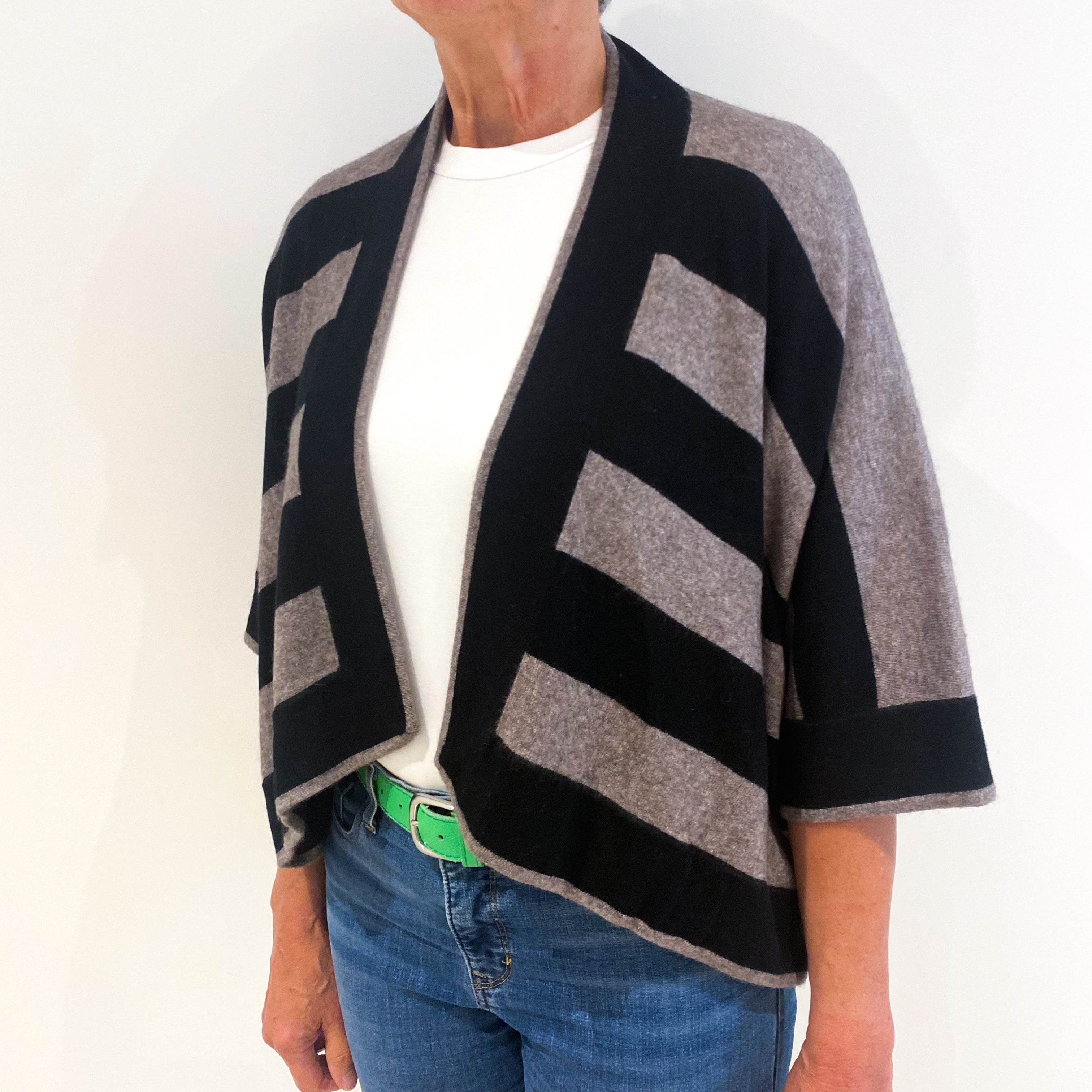 Black Brown Striped Slouchy Cashmere Edge To Edge Cardigan Medium