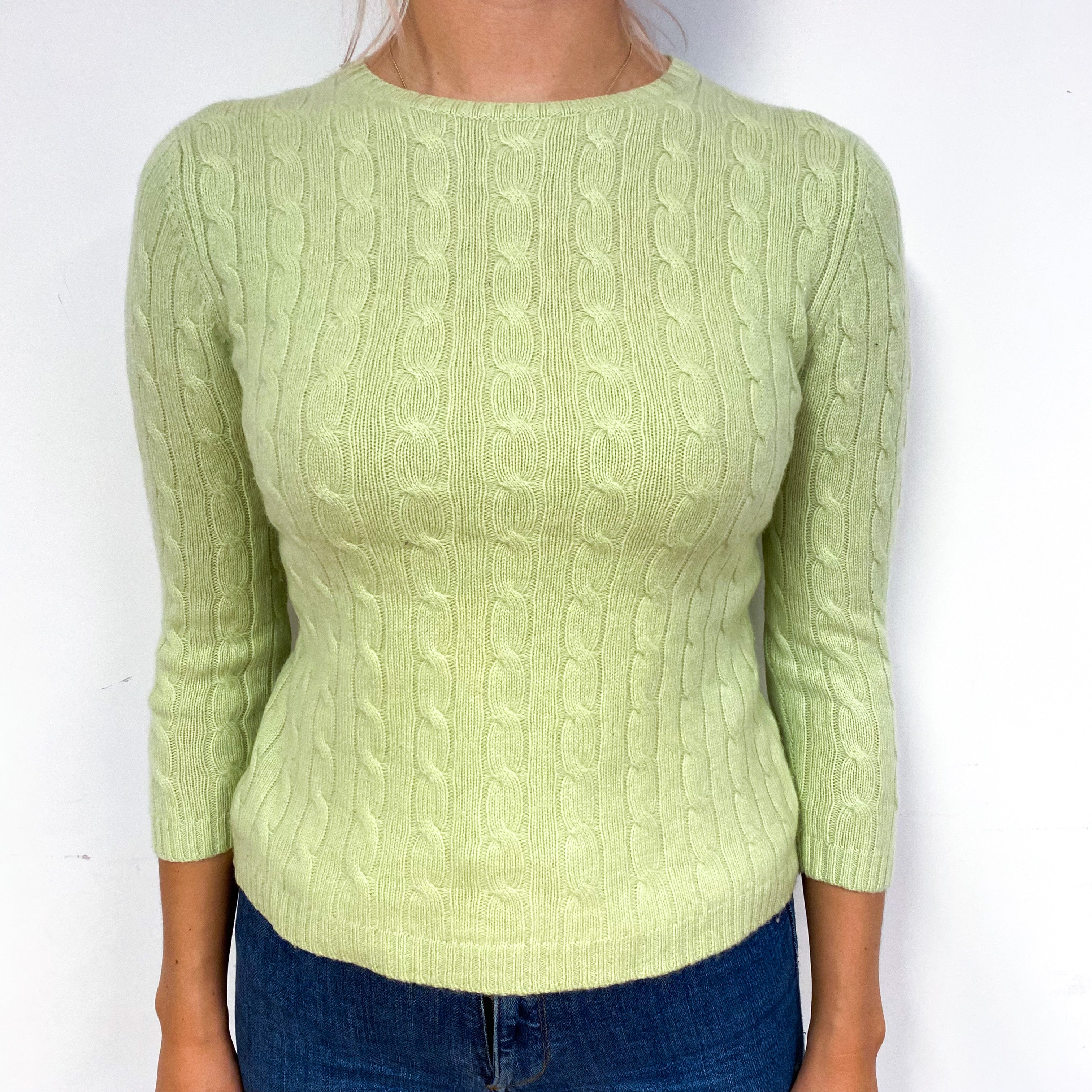 Soft Lime Green Cable Cashmere Crew Neck Jumper Small