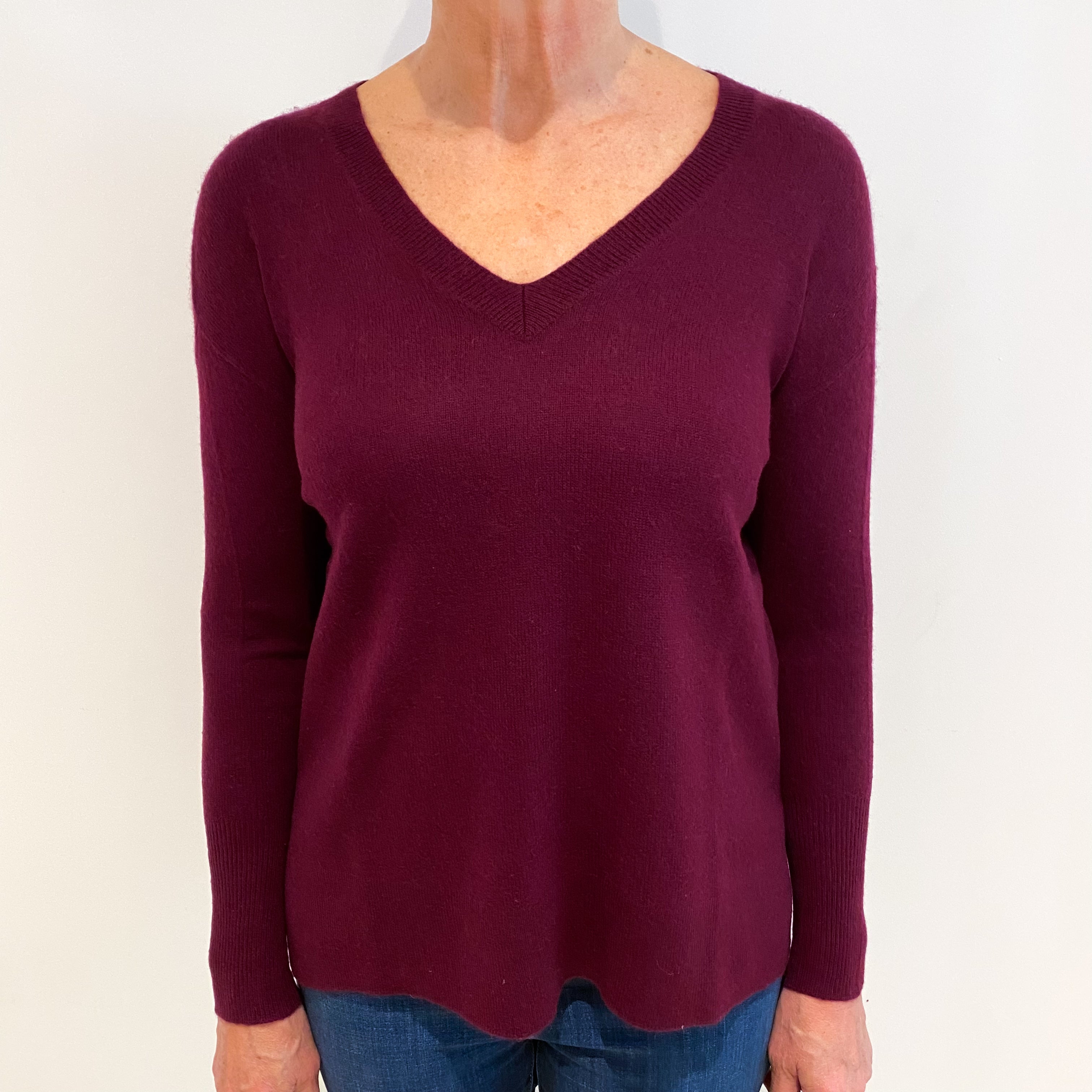 Mulberry Purple Slouchy Cashmere V Neck Jumper Medium