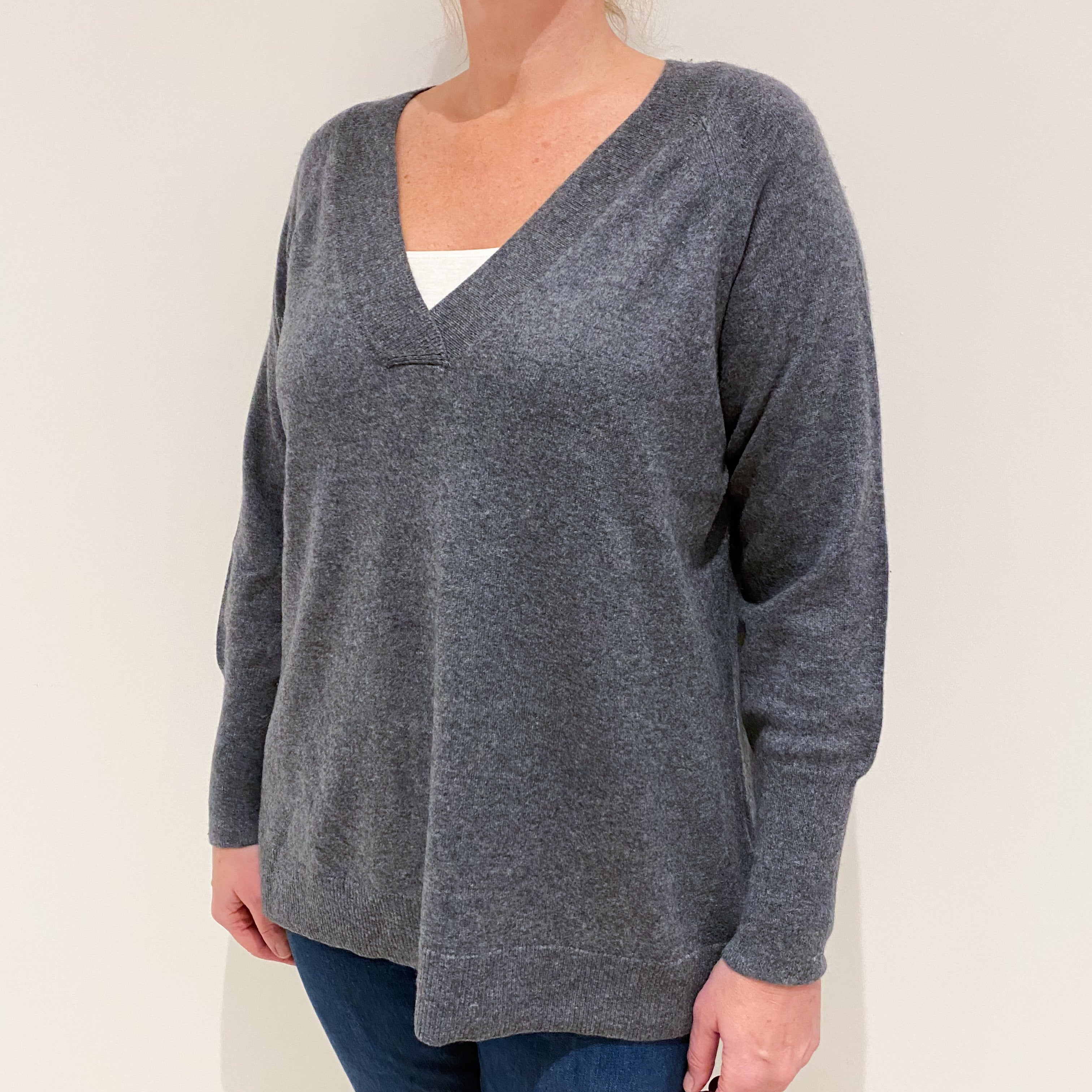 Slate Grey Slouchy Cashmere V-Neck Jumper Large