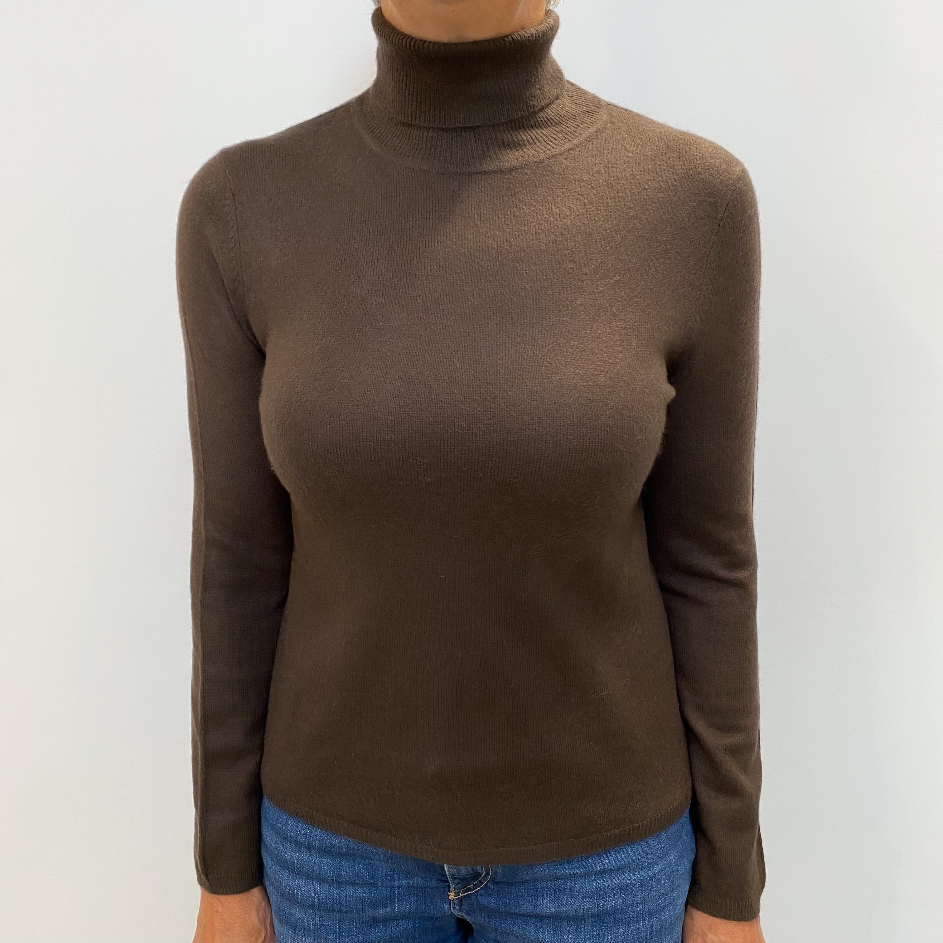 Chocolate Brown Cashmere Polo Neck Jumper Medium