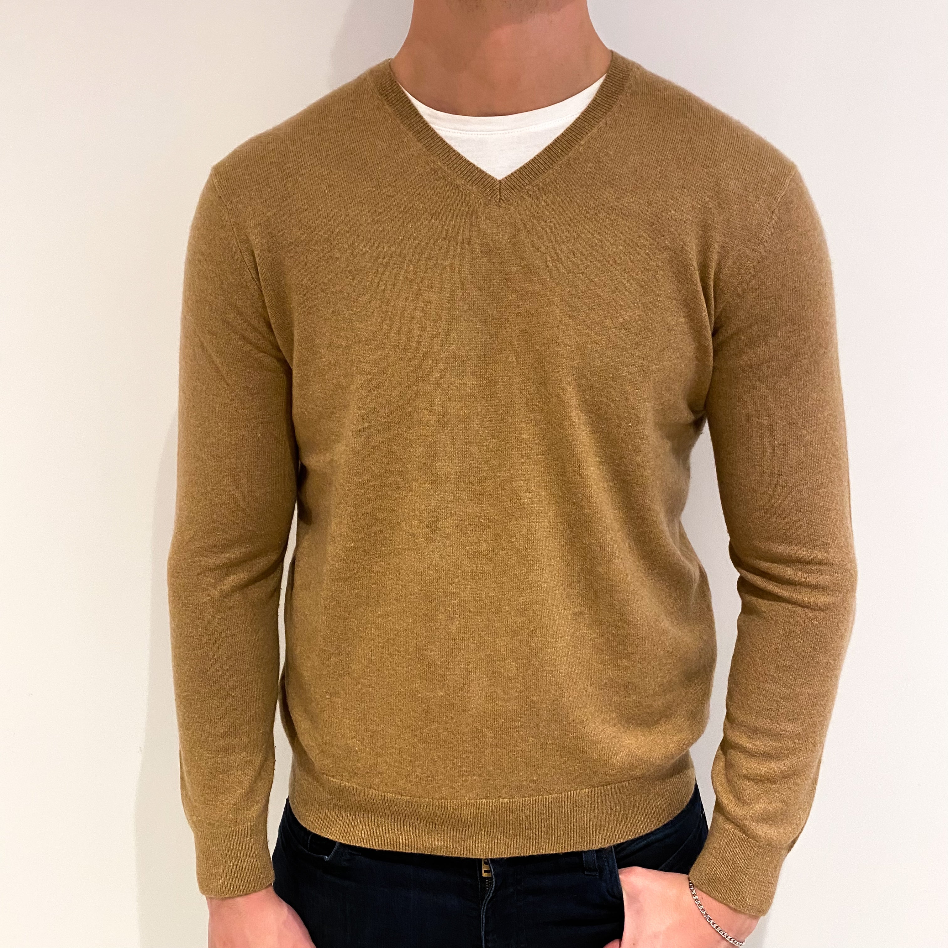 Men's Butterscotch Brown Cashmere V Neck Jumper XL