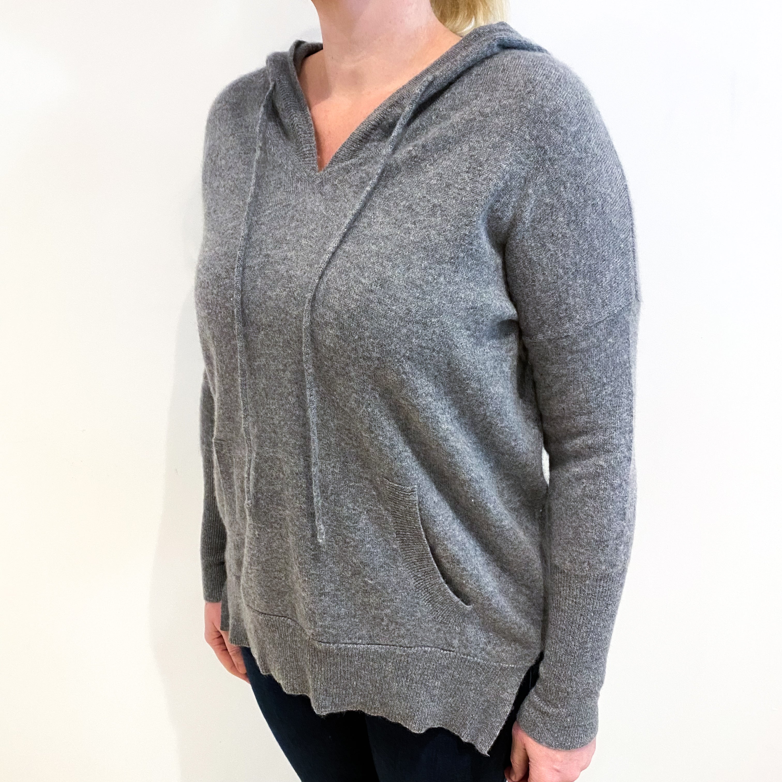 Ash Grey Cashmere Hoodie With Pouch Pocket Large