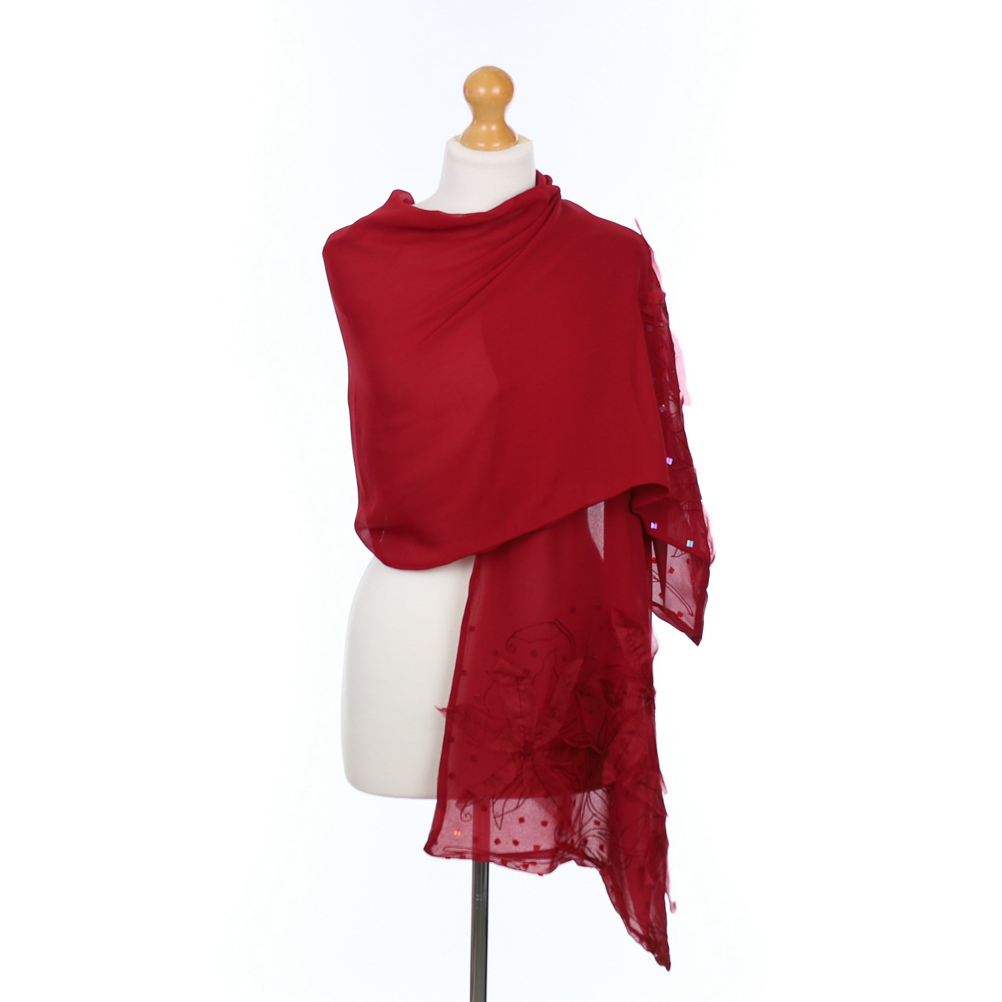 Hobbs Dark Red Embroidered Vintage Silk Scarf