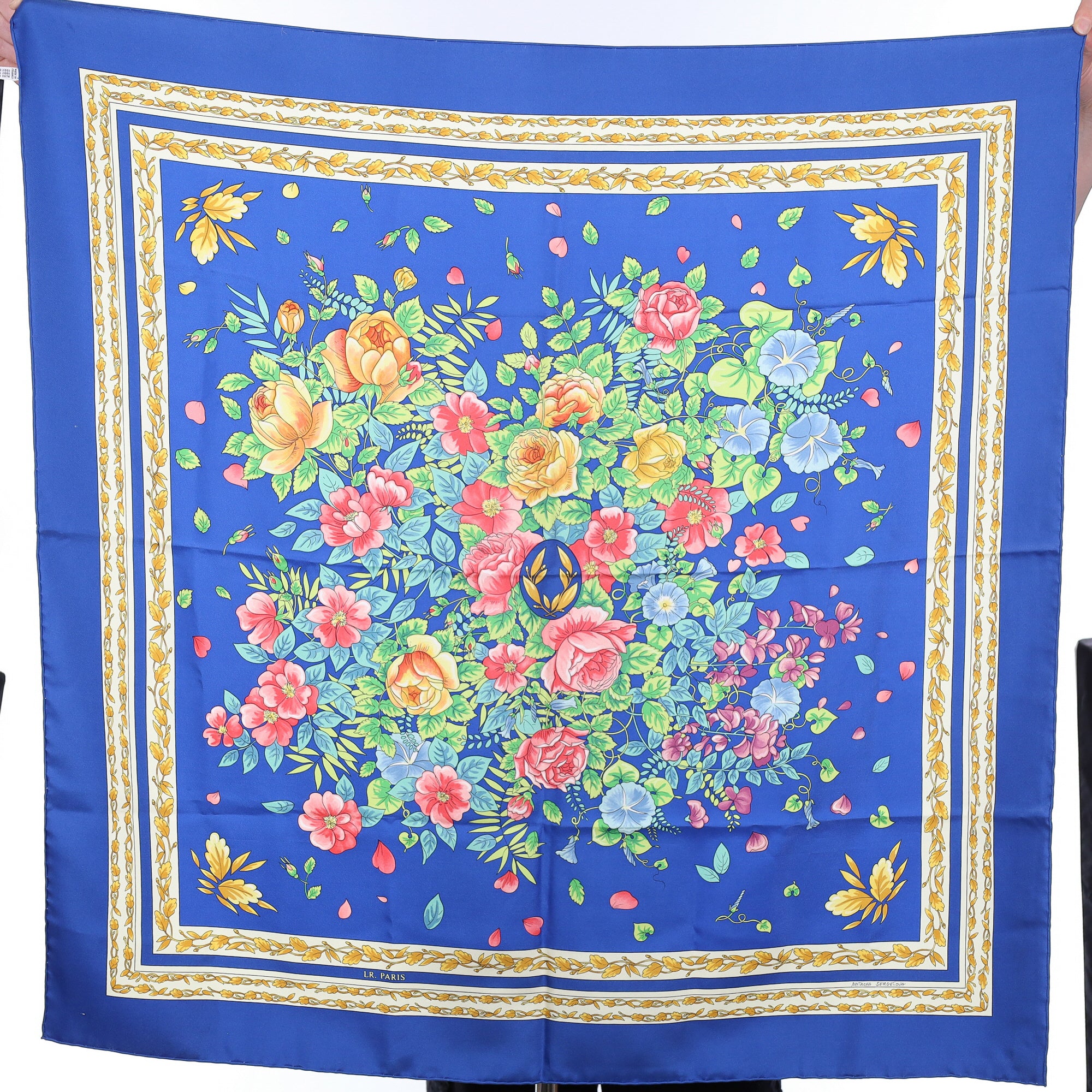 Designer L.R Paris Blue Floral Silk Scarf