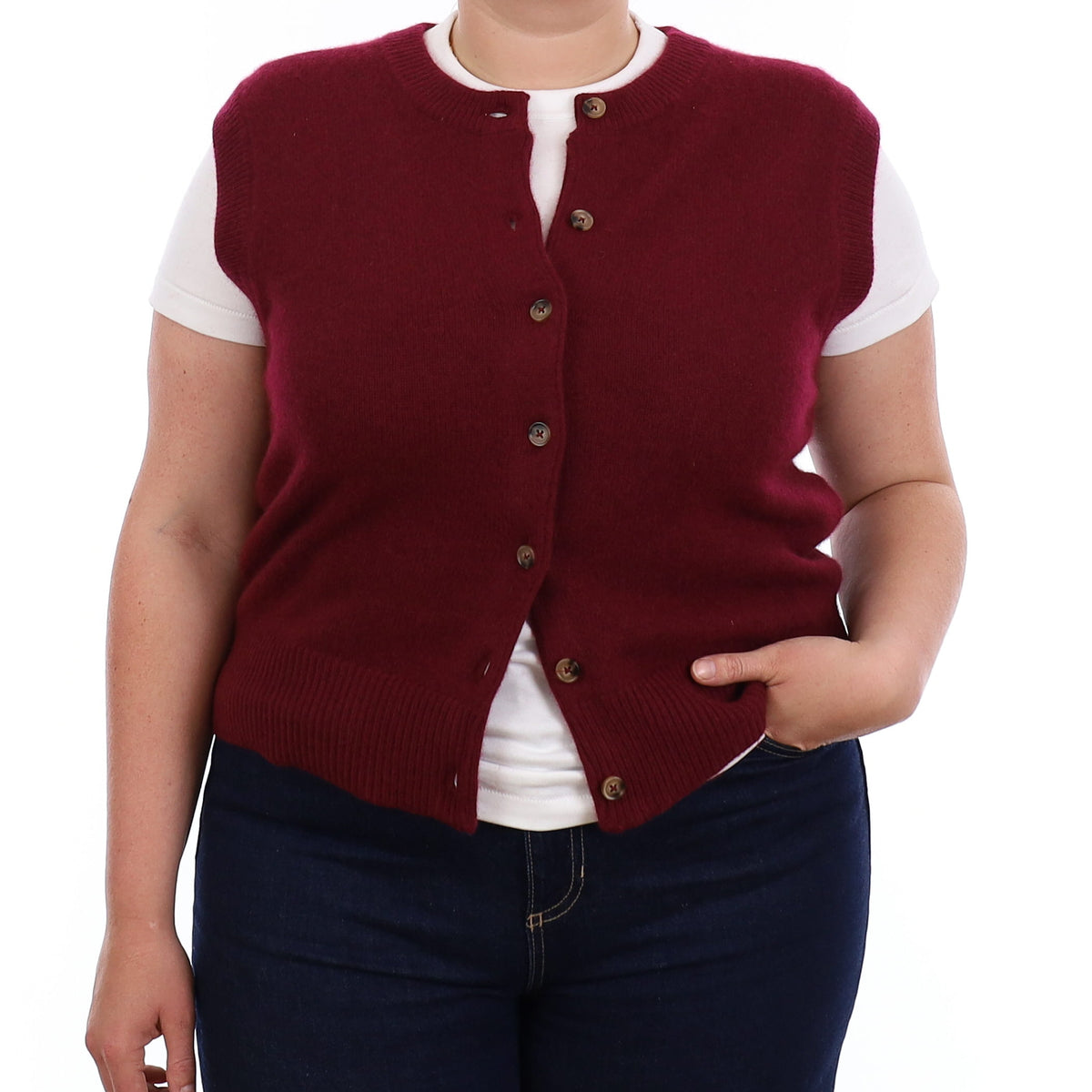 Brand New Wine Red Luxury Cashmere Crew Neck Waistcoat Large UK 16-18