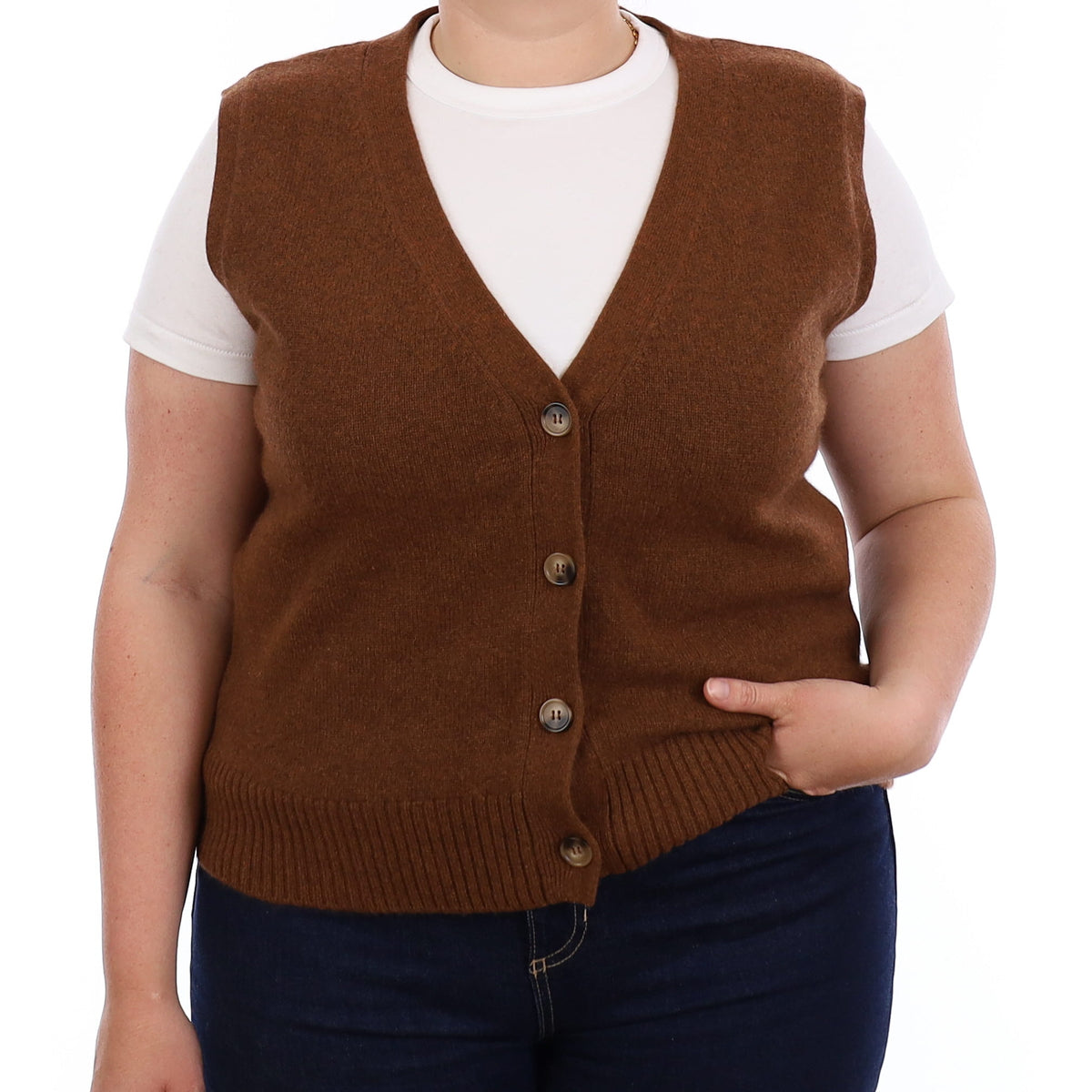 Brand New Chestnut Brown Luxury Cashmere V Neck Waistcoat Extra Large UK 20-22