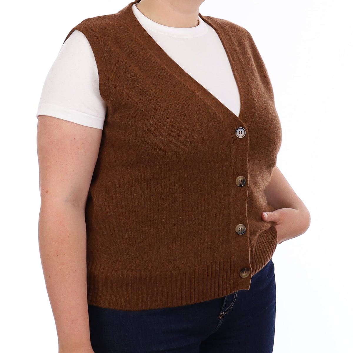 Brand New Chestnut Brown Luxury Cashmere V Neck Waistcoat Large UK 16-18