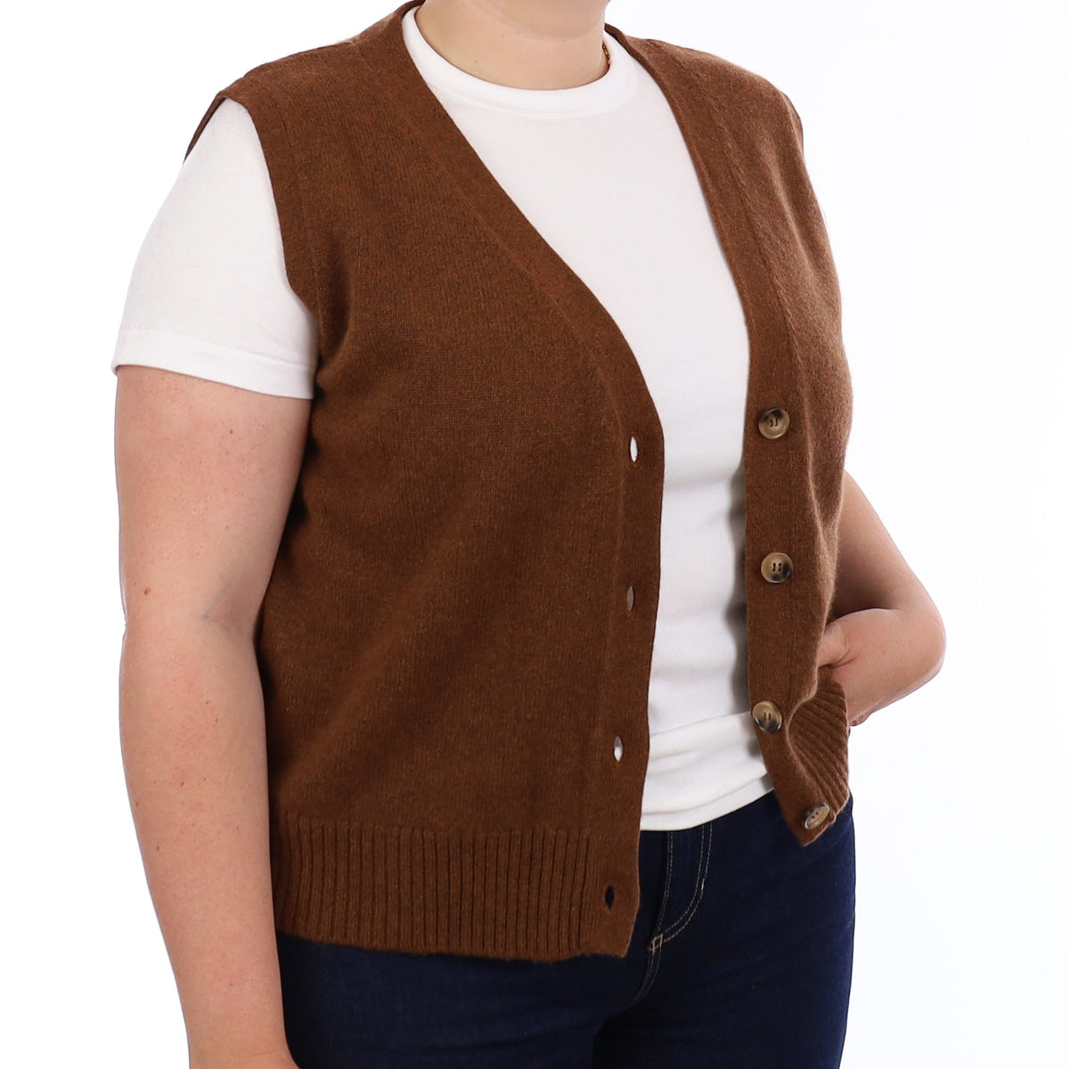 Brand New Chestnut Brown Luxury Cashmere V Neck Waistcoat Large UK 16-18