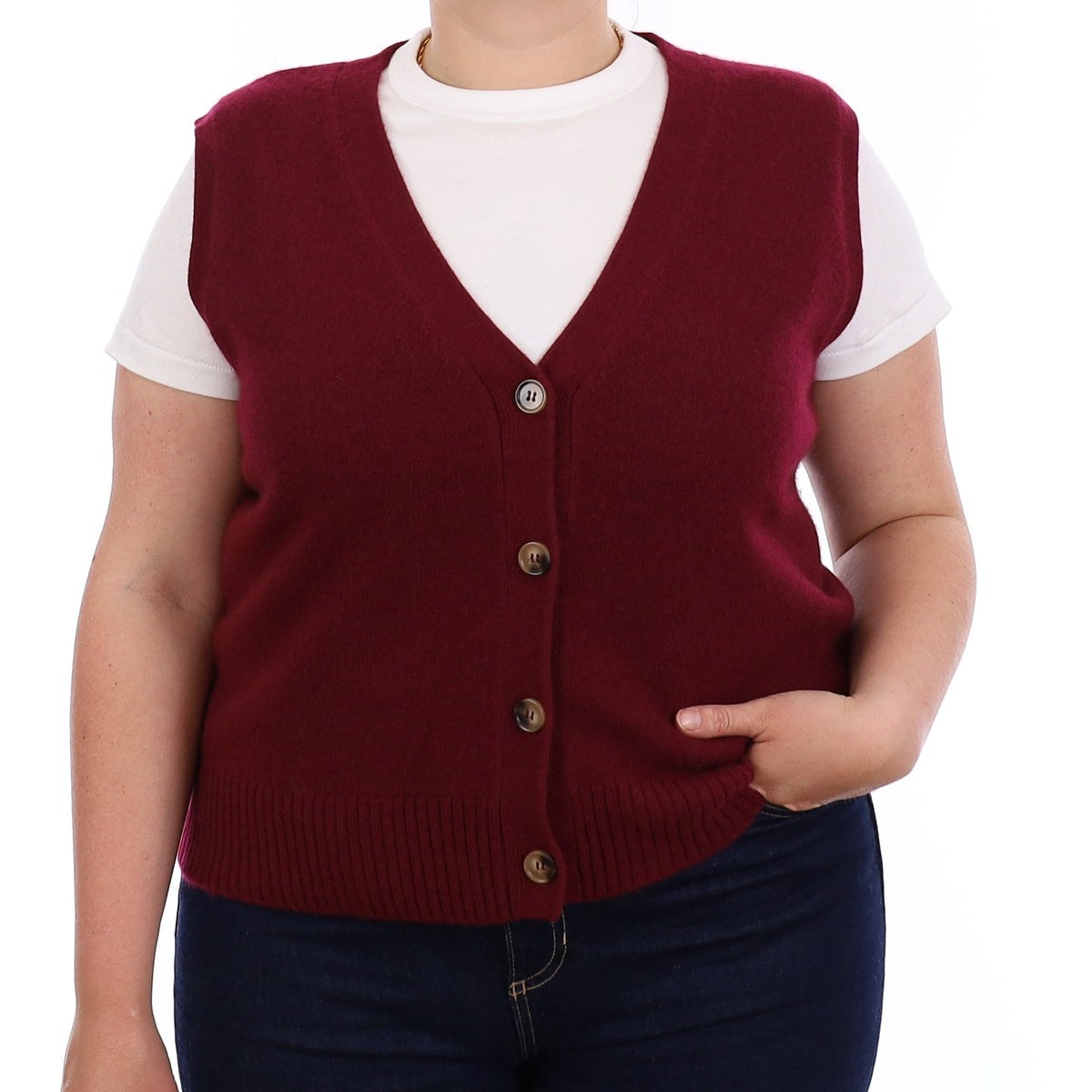 Brand New Wine Red Luxury Cashmere V Neck Waistcoat Extra Large UK 20-22