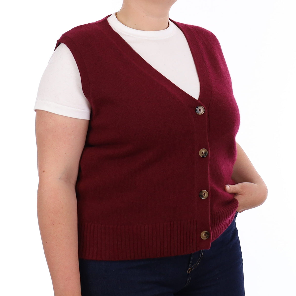 Brand New Wine Red Luxury Cashmere V Neck Waistcoat Large UK 16-18