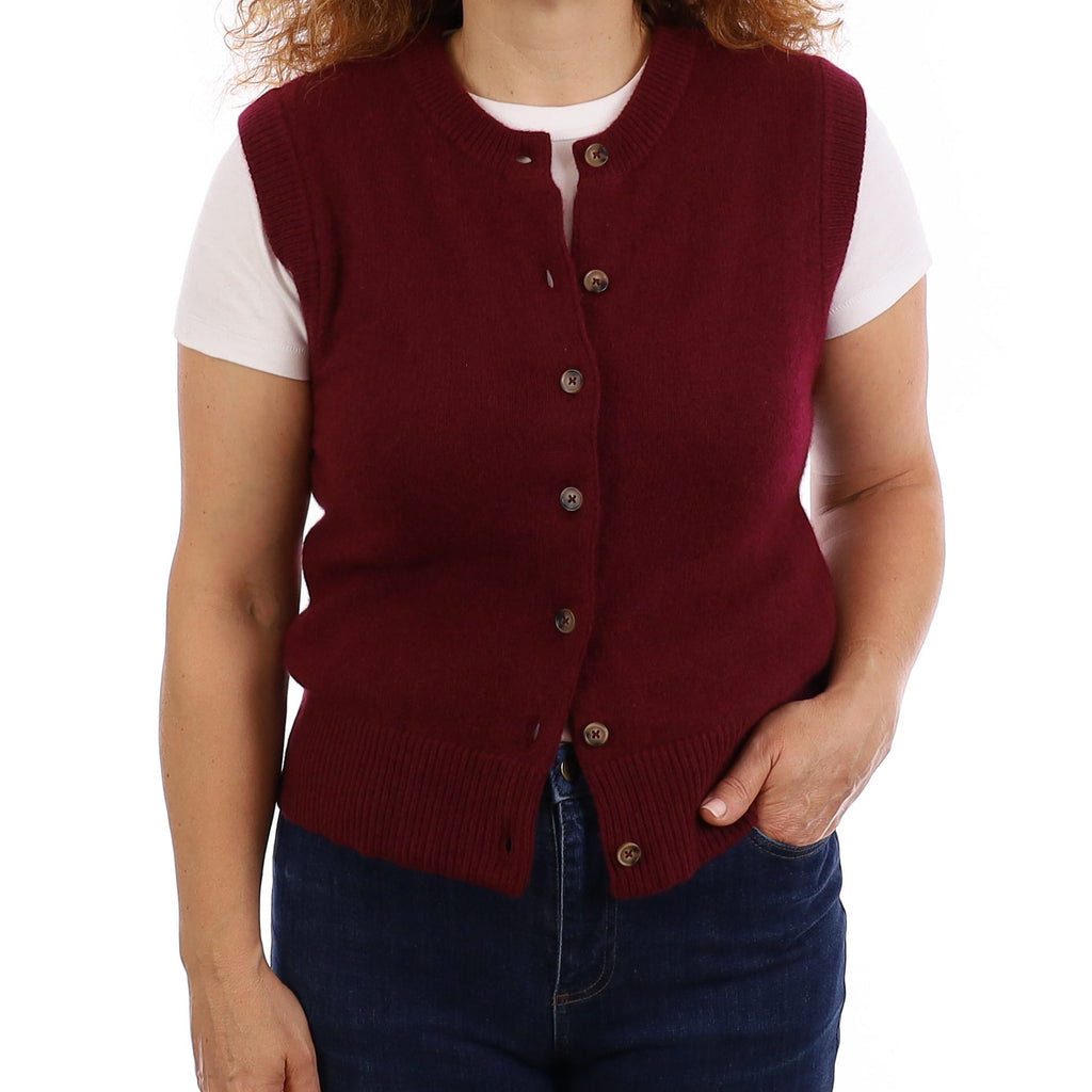 Brand New Wine Red Luxury Cashmere Crew Neck Waistcoat Medium UK 12-14