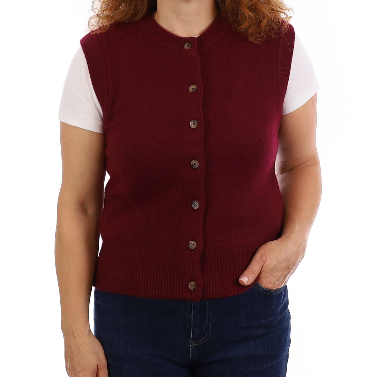 Brand New Wine Red Luxury Cashmere Crew Neck Waistcoat Medium UK 12-14