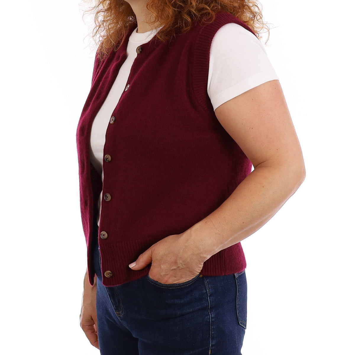 Brand New Wine Red Luxury Cashmere Crew Neck Waistcoat Medium UK 12-14