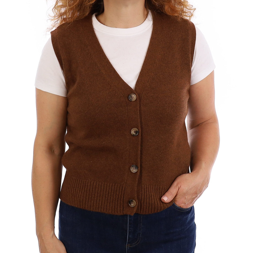 Brand New Chestnut Brown Luxury Cashmere V Neck Waistcoat Medium UK 12-14