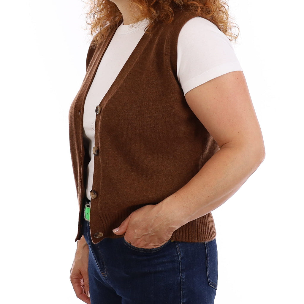 Brand New Chestnut Brown Luxury Cashmere V Neck Waistcoat Medium UK 12-14