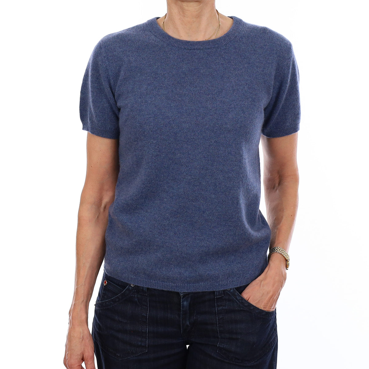 Brand New Denim Blue Cashmere Crew Neck T-Shirt Extra Small UK 6-8