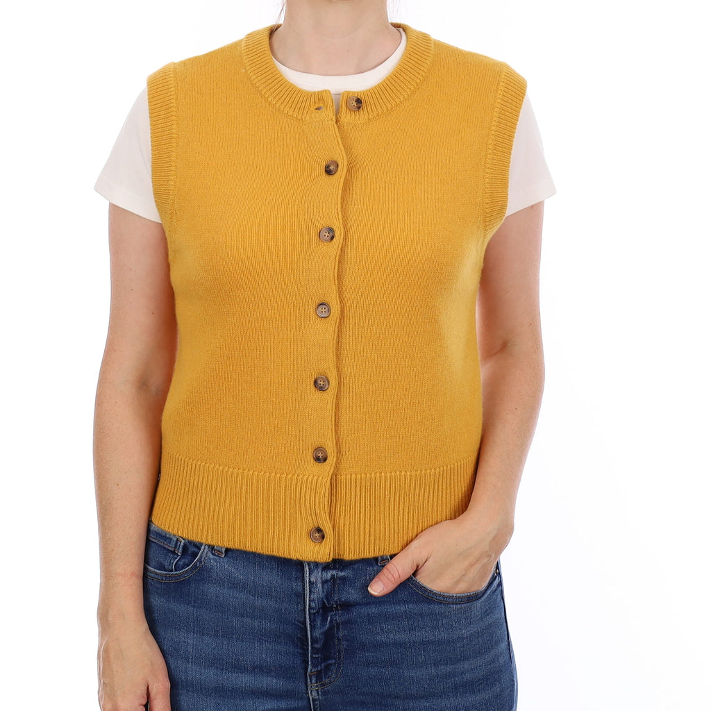 Brand New Mustard Yellow Luxury Cashmere Crew Neck Waistcoat Small UK 8-10