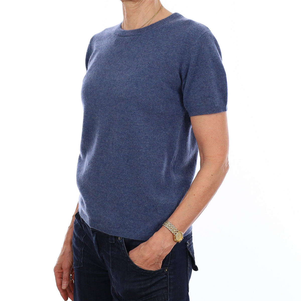 Brand New Denim Blue Cashmere Crew Neck T-Shirt Extra Small UK 6-8