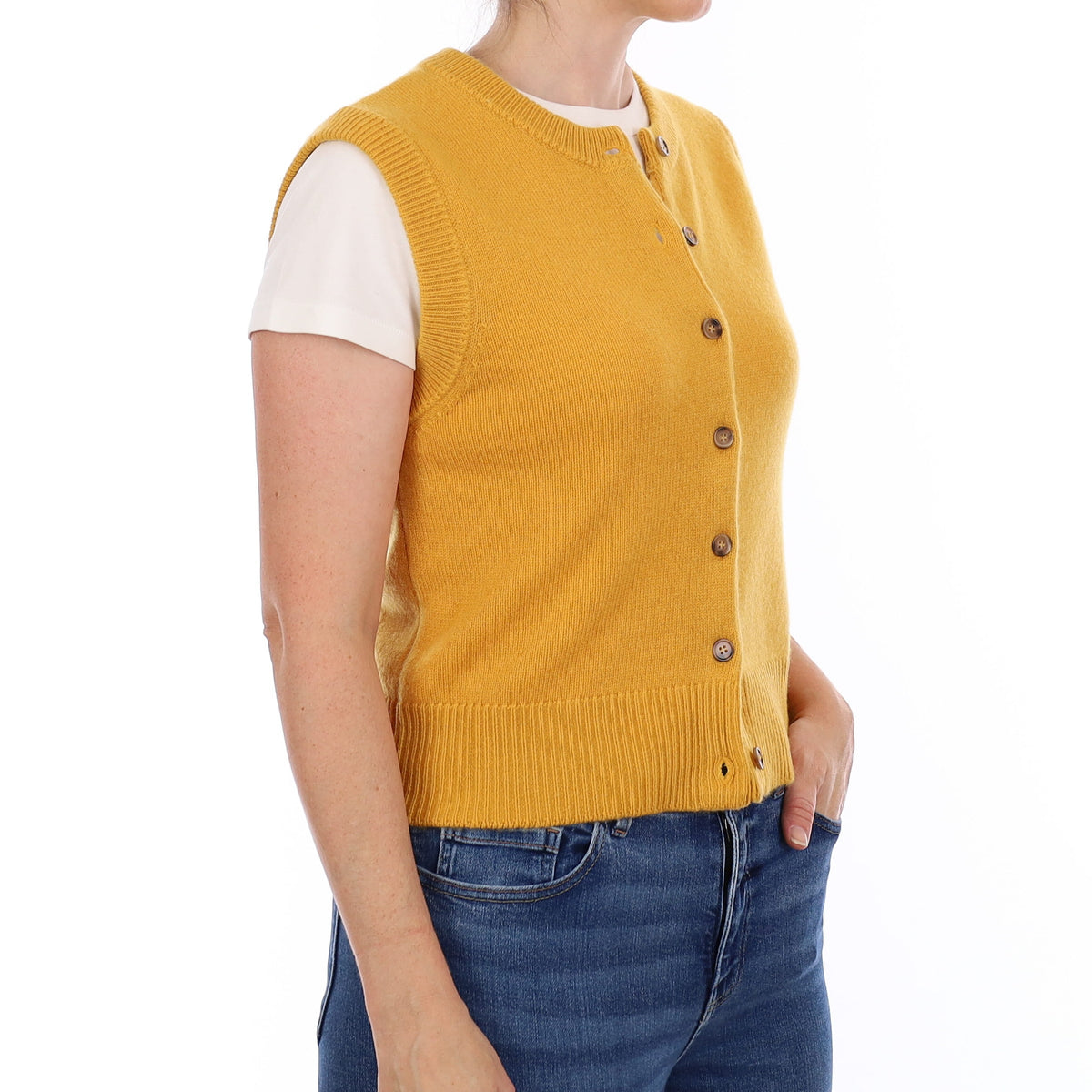 Brand New Mustard Yellow Luxury Cashmere Crew Neck Waistcoat Small UK 8-10