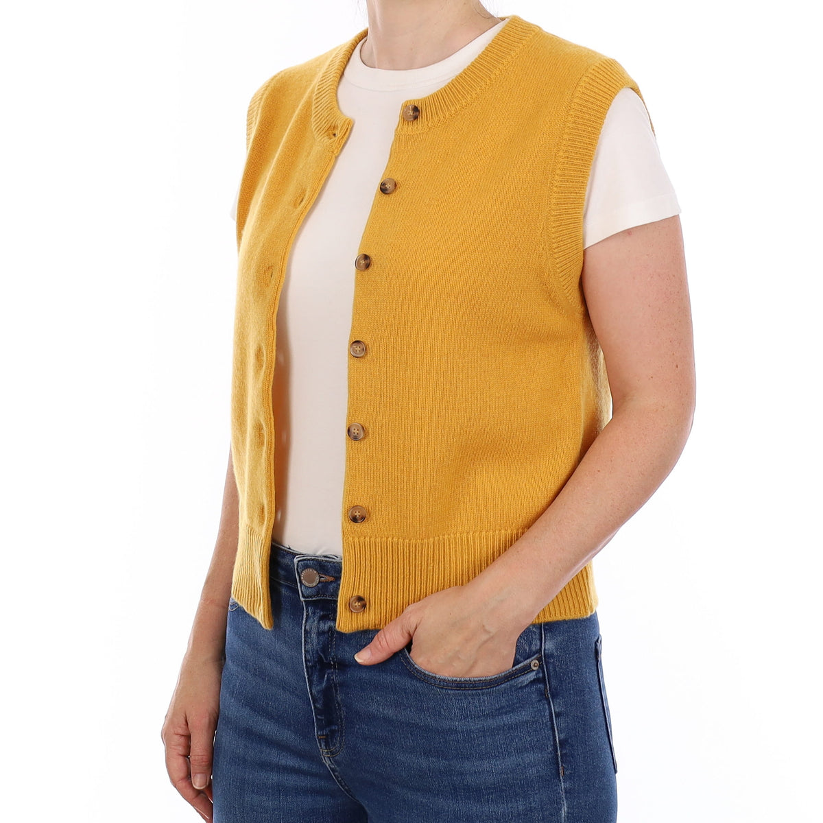 Brand New Mustard Yellow Luxury Cashmere Crew Neck Waistcoat Small UK 8-10