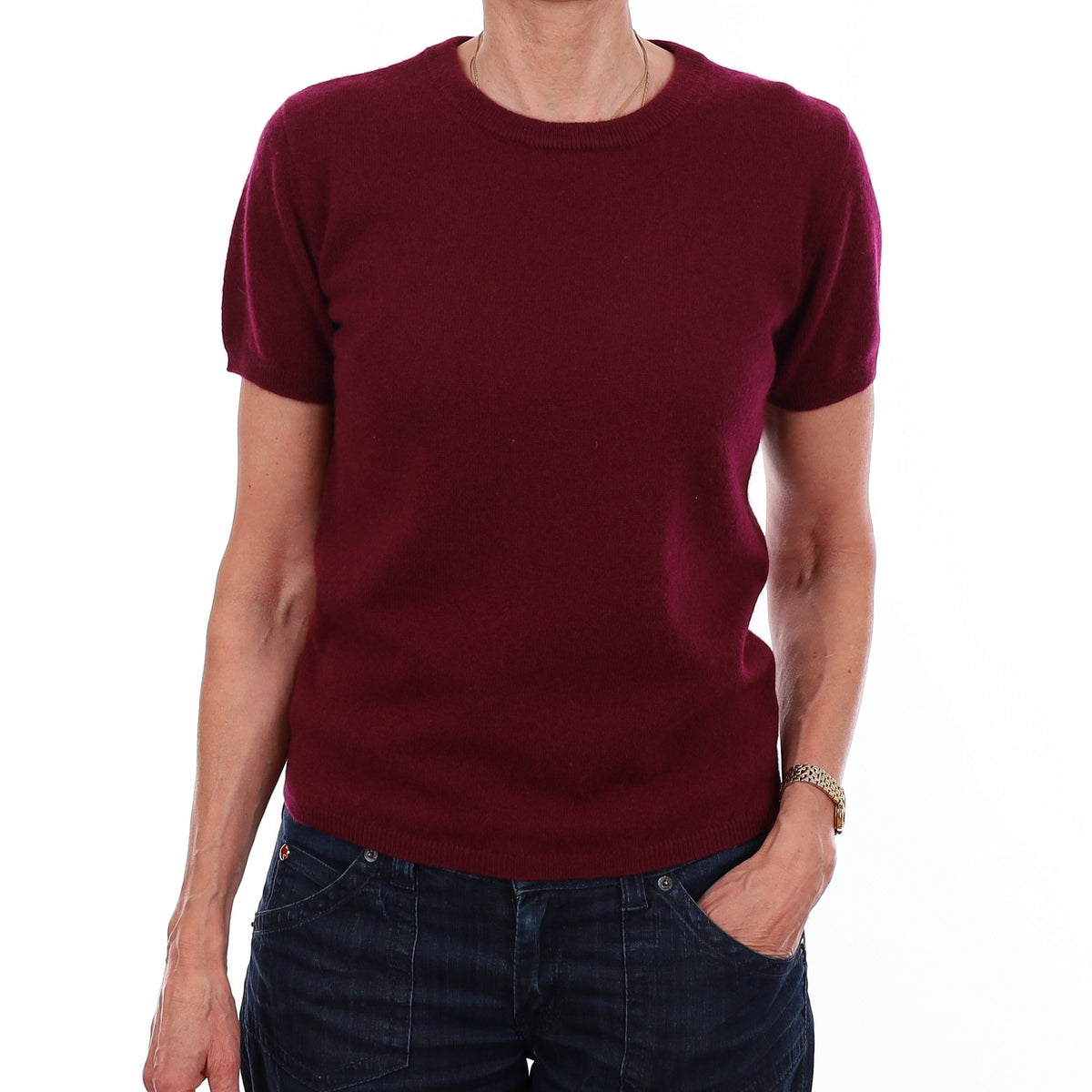 Brand New Wine Red Cashmere Crew Neck T-Shirt Extra Small UK 6-8