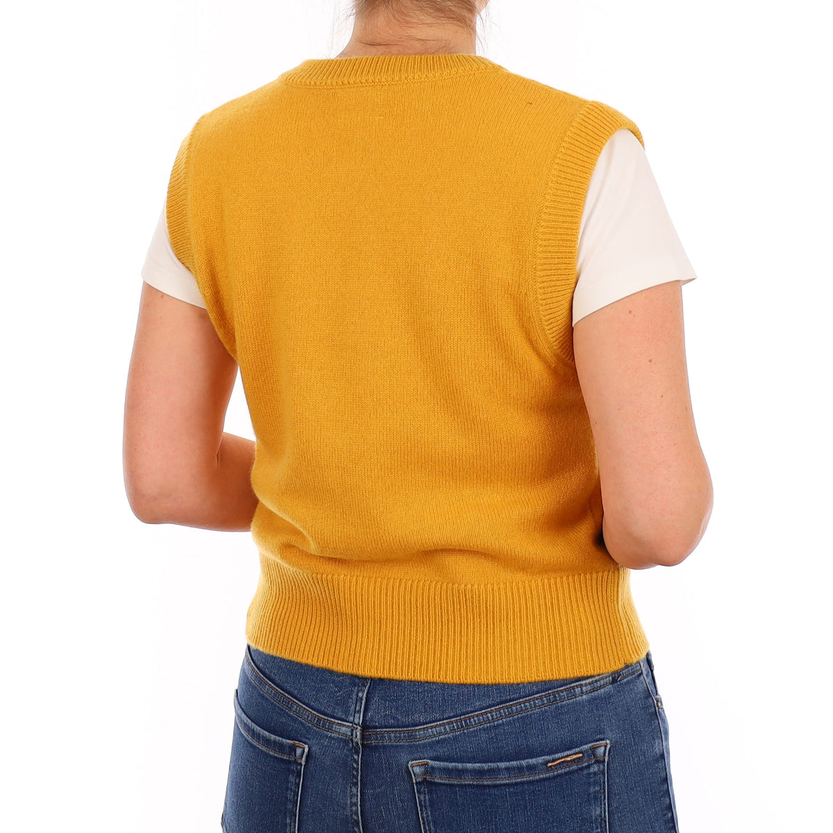 Brand New Mustard Yellow Luxury Cashmere Crew Neck Waistcoat Small UK 8-10