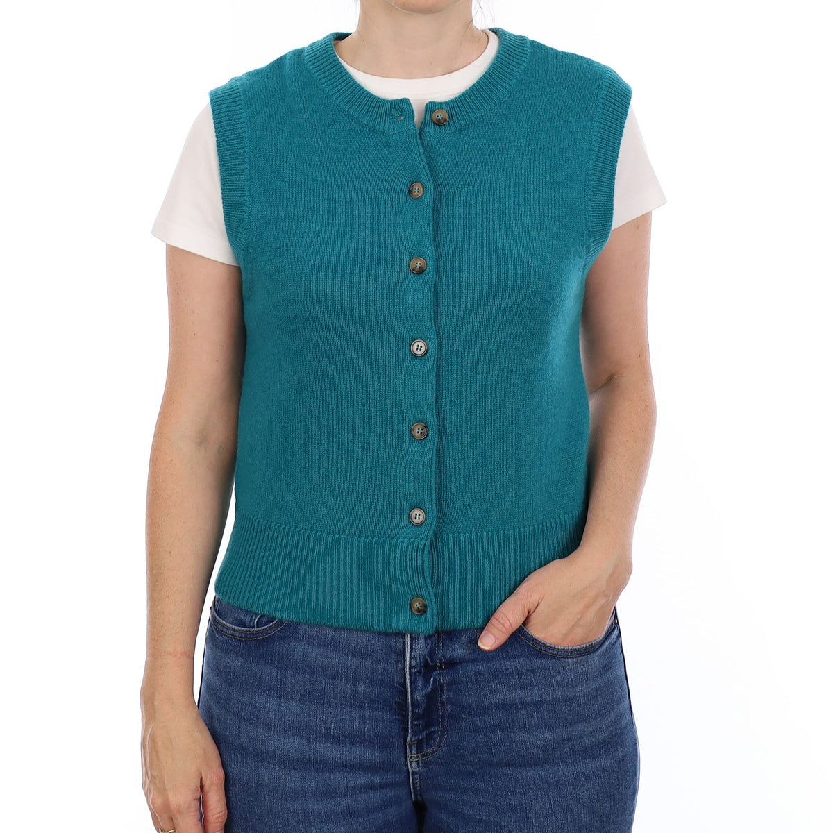 Brand New Teal Luxury Cashmere Crew Neck Waistcoat Small UK 8-10