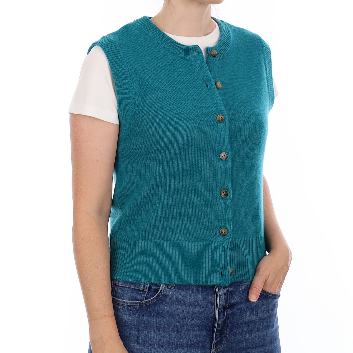 Brand New Teal Luxury Cashmere Crew Neck Waistcoat Small UK 8-10