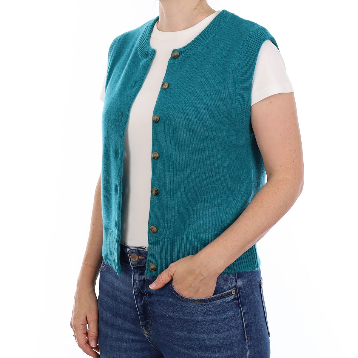 Brand New Teal Luxury Cashmere Crew Neck Waistcoat Small UK 8-10