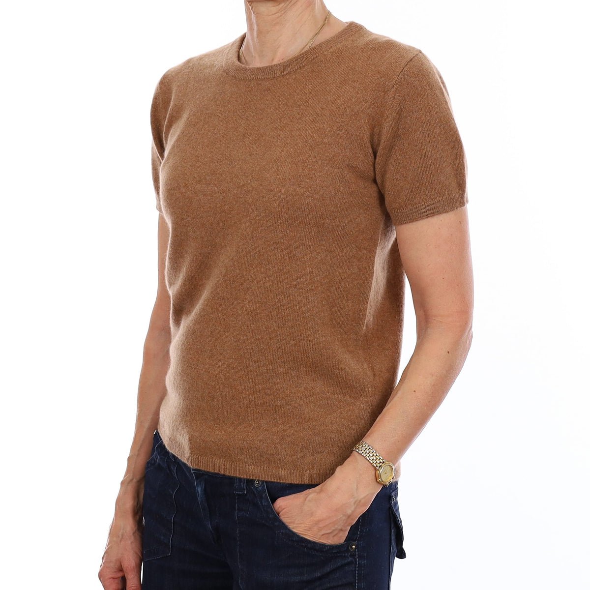 Brand New Harvest Brown Cashmere Crew Neck T-Shirt Extra Small UK 6-8