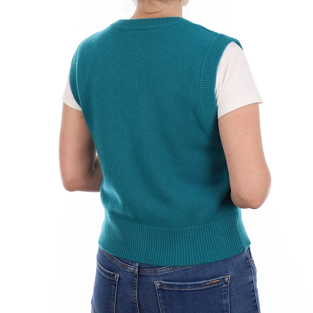 Brand New Teal Luxury Cashmere Crew Neck Waistcoat Small UK 8-10