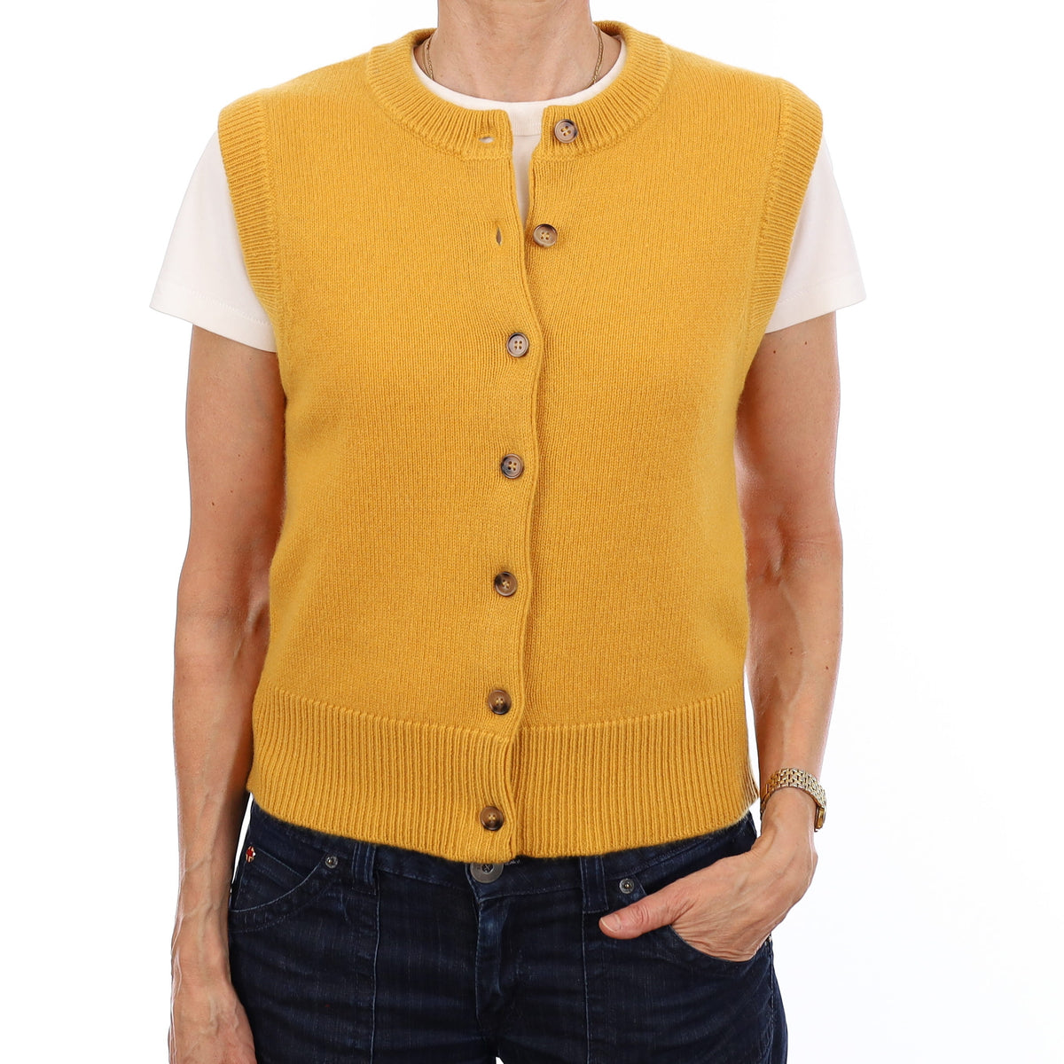 Brand New Mustard Yellow Luxury Cashmere Crew Neck Waistcoat Extra Small UK 6-8
