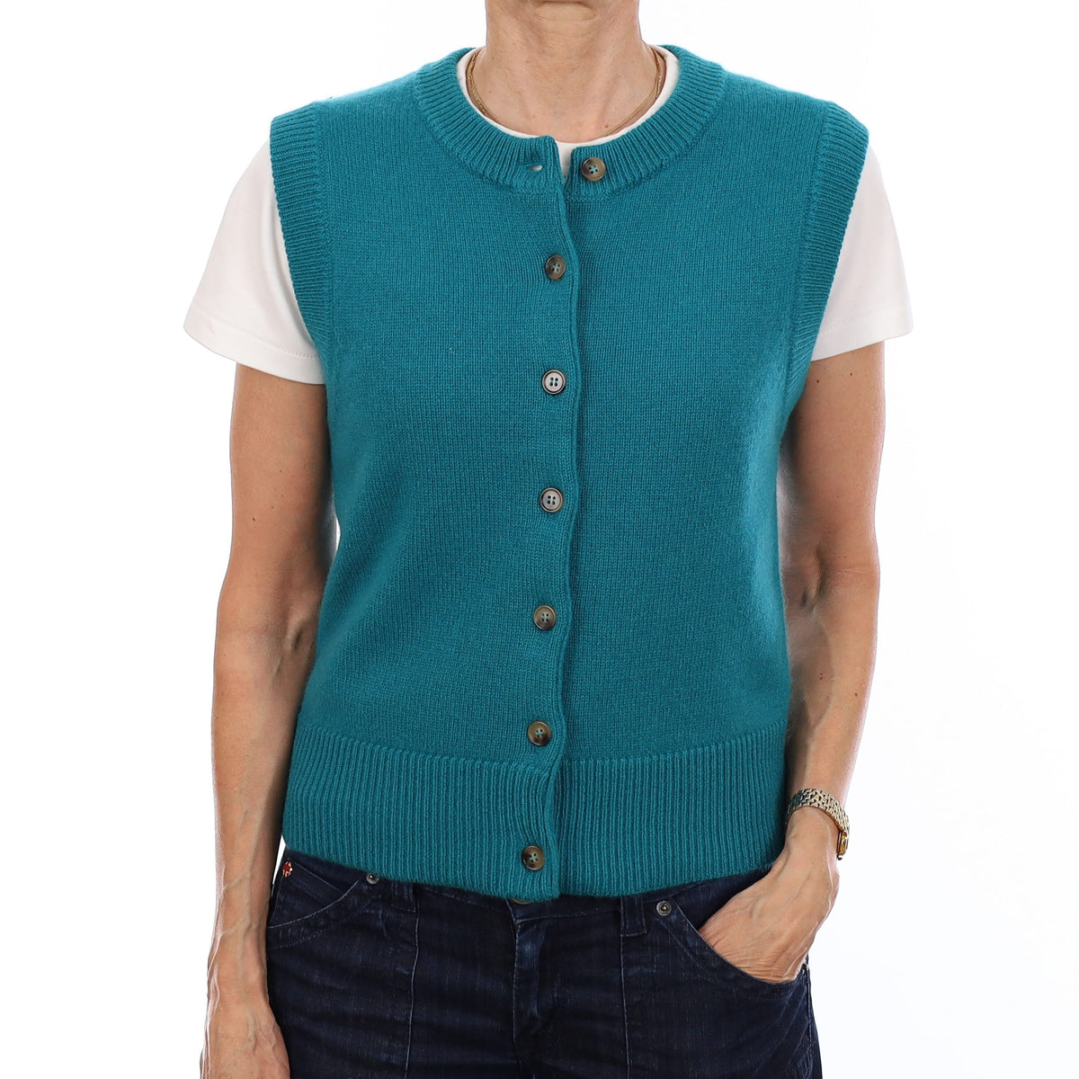 Brand New Teal Luxury Cashmere Crew Neck Waistcoat Extra Small UK 6-8