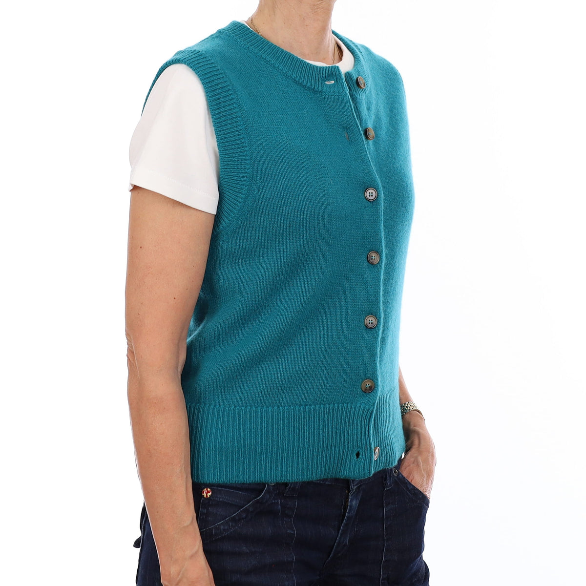 Brand New Teal Luxury Cashmere Crew Neck Waistcoat Extra Small UK 6-8