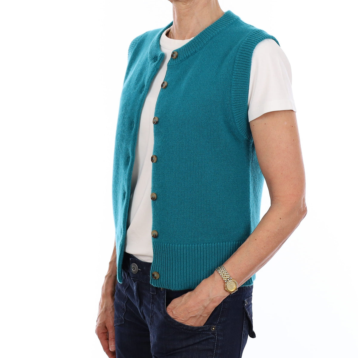 Brand New Teal Luxury Cashmere Crew Neck Waistcoat Extra Small UK 6-8