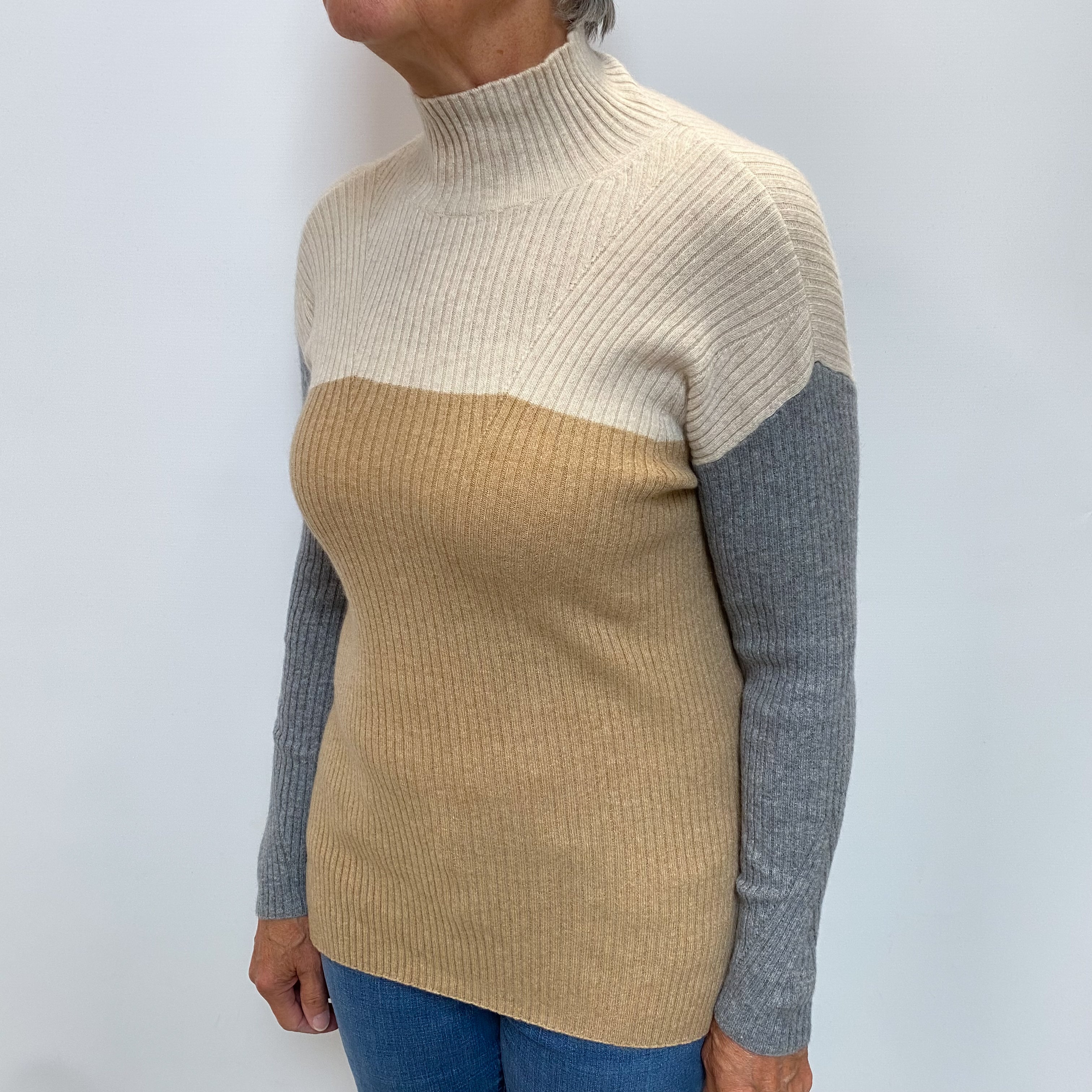 Caramel Brown Colourblock Cashmere Turtle Neck Jumper Medium