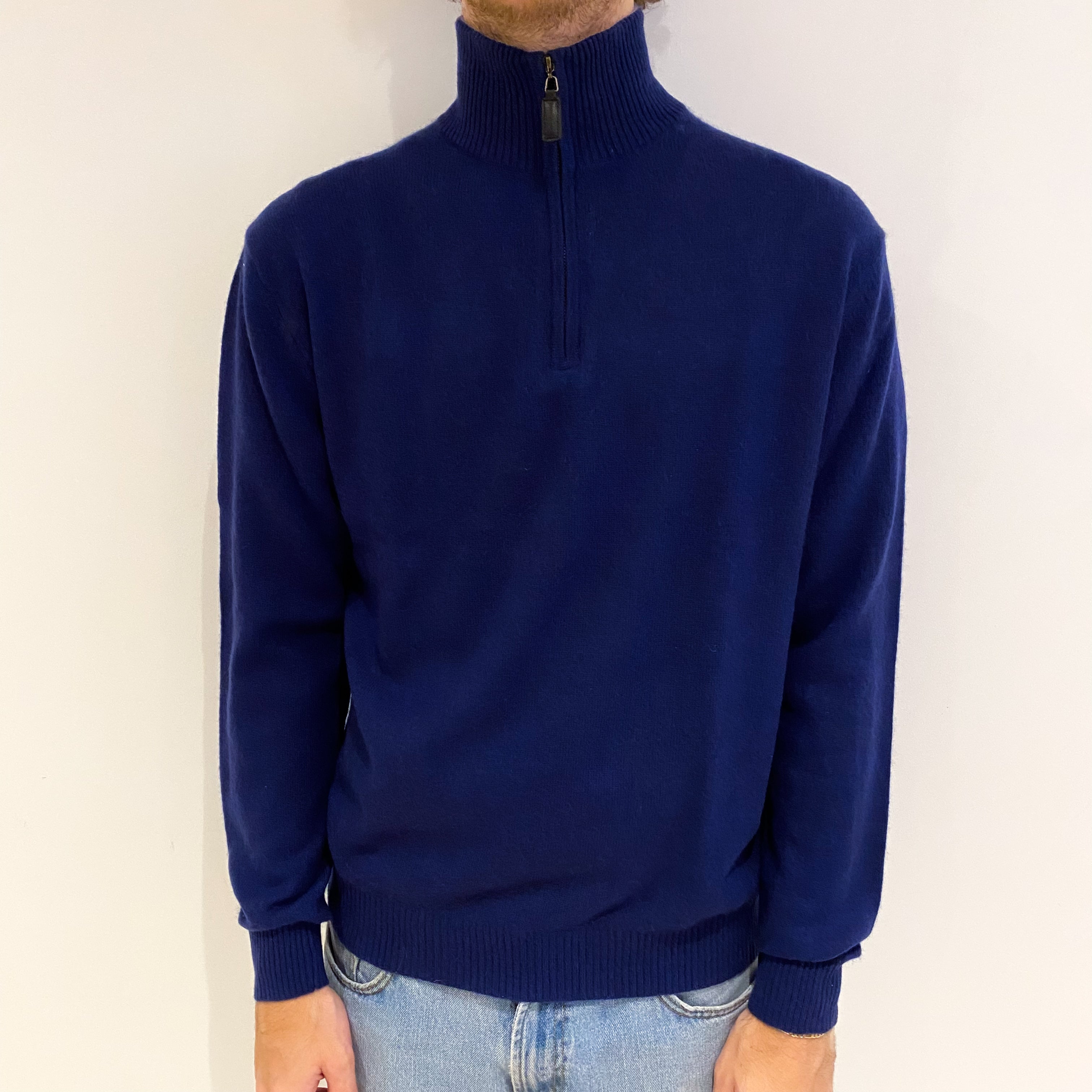 Men's French Navy Cashmere Funnel Neck Jumper Medium