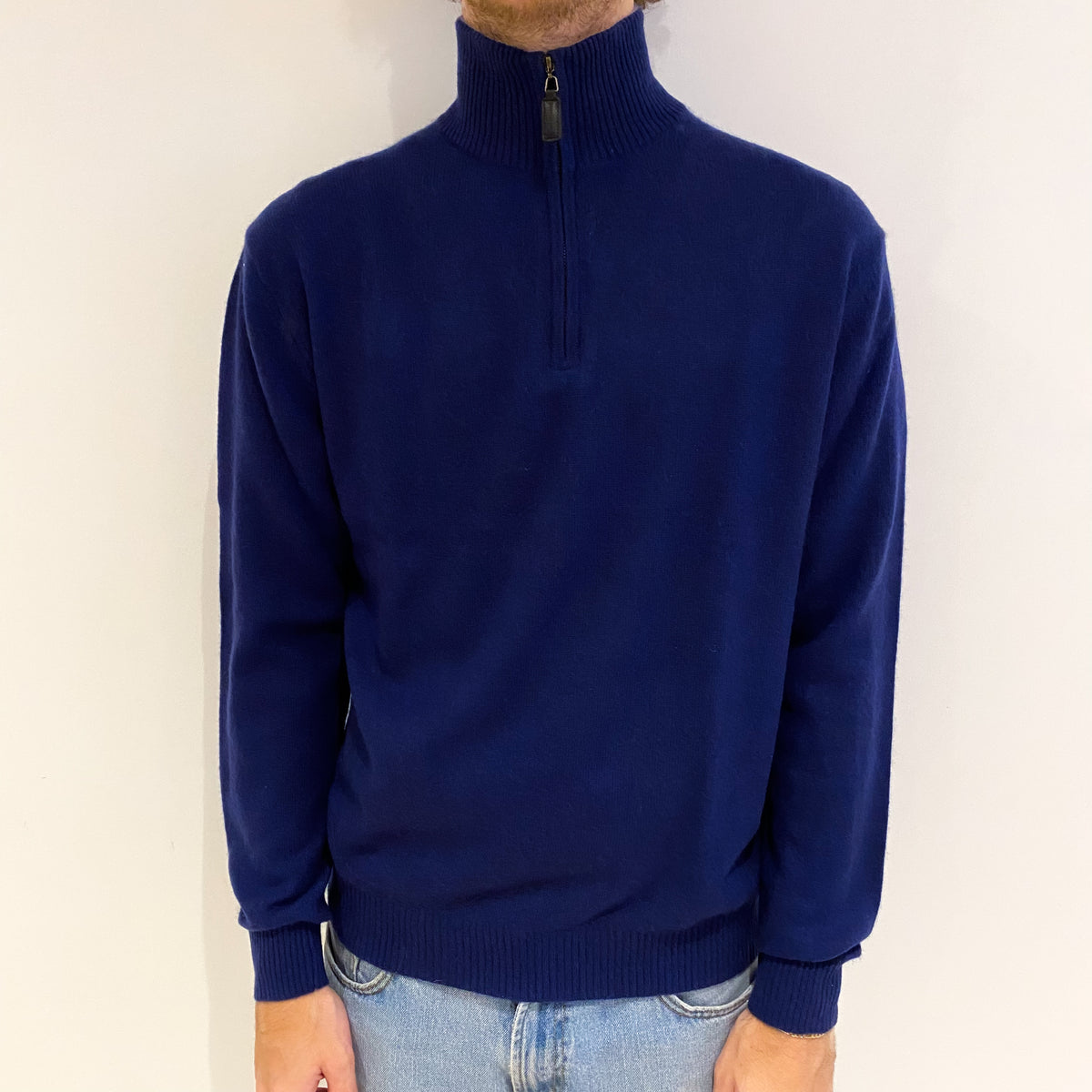 Men's French Navy Cashmere Funnel Neck Jumper Medium