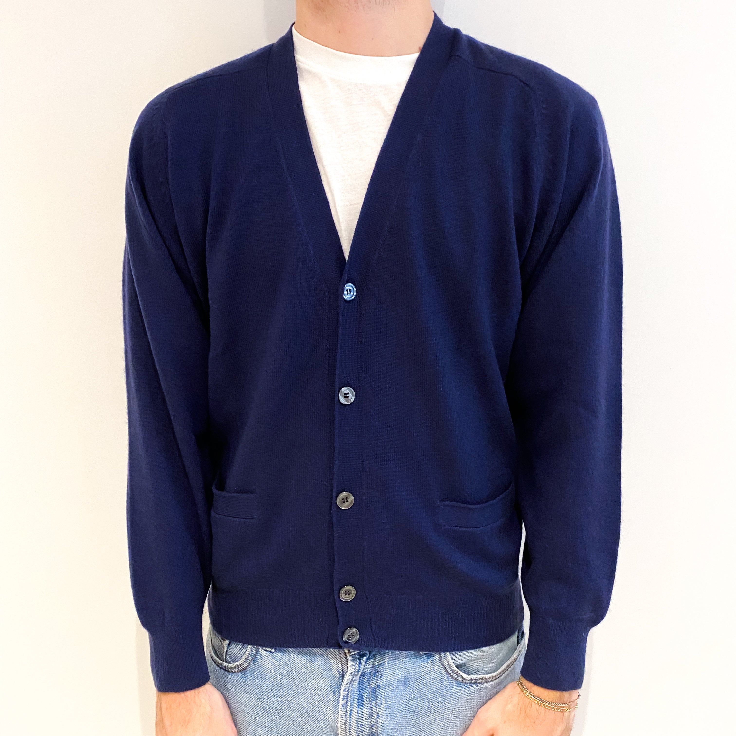 Men's Midnight Blue Cashmere V Neck Cardigan with Pockets Large