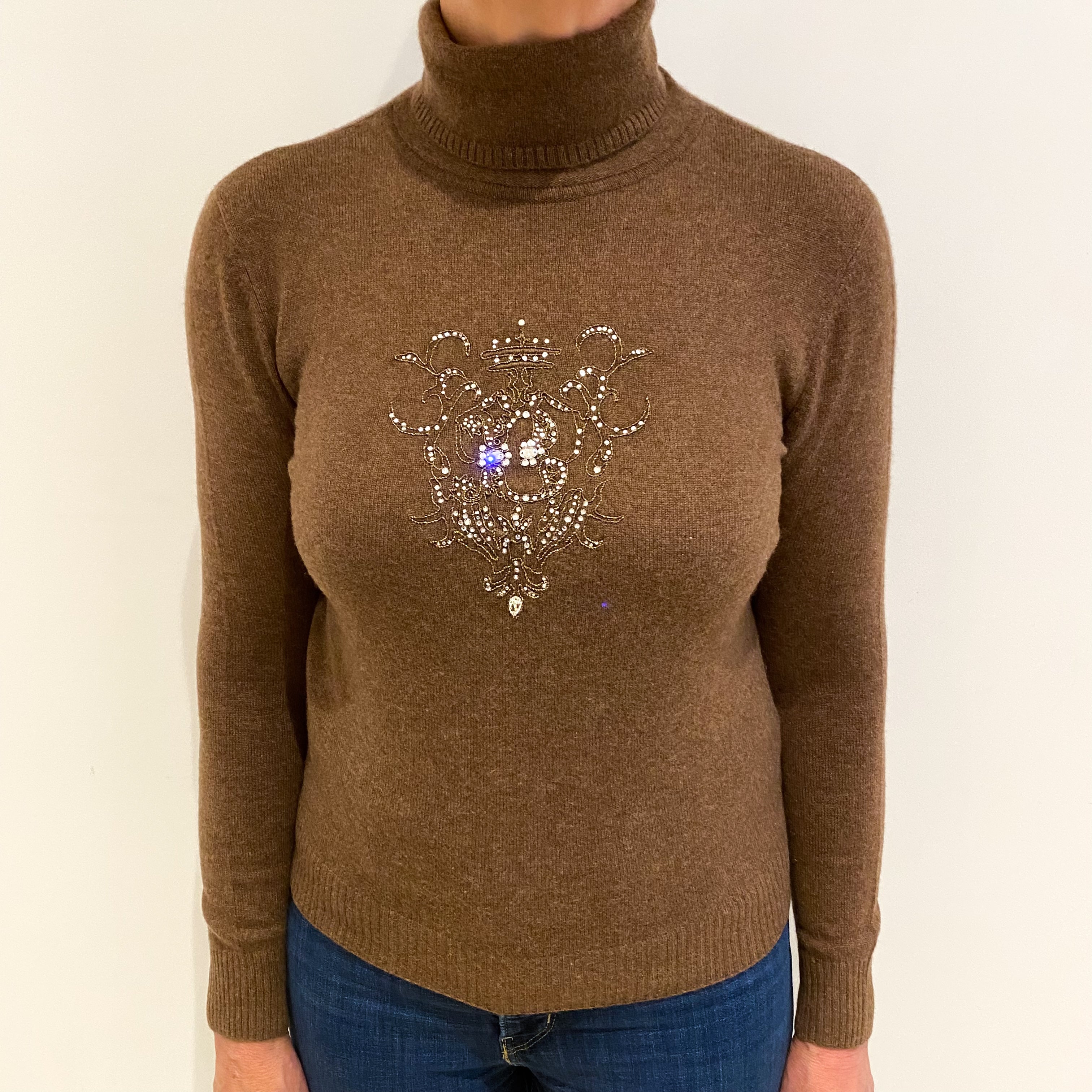 Pecan Brown With Diamanté Design Cashmere Polo Neck Jumper Medium