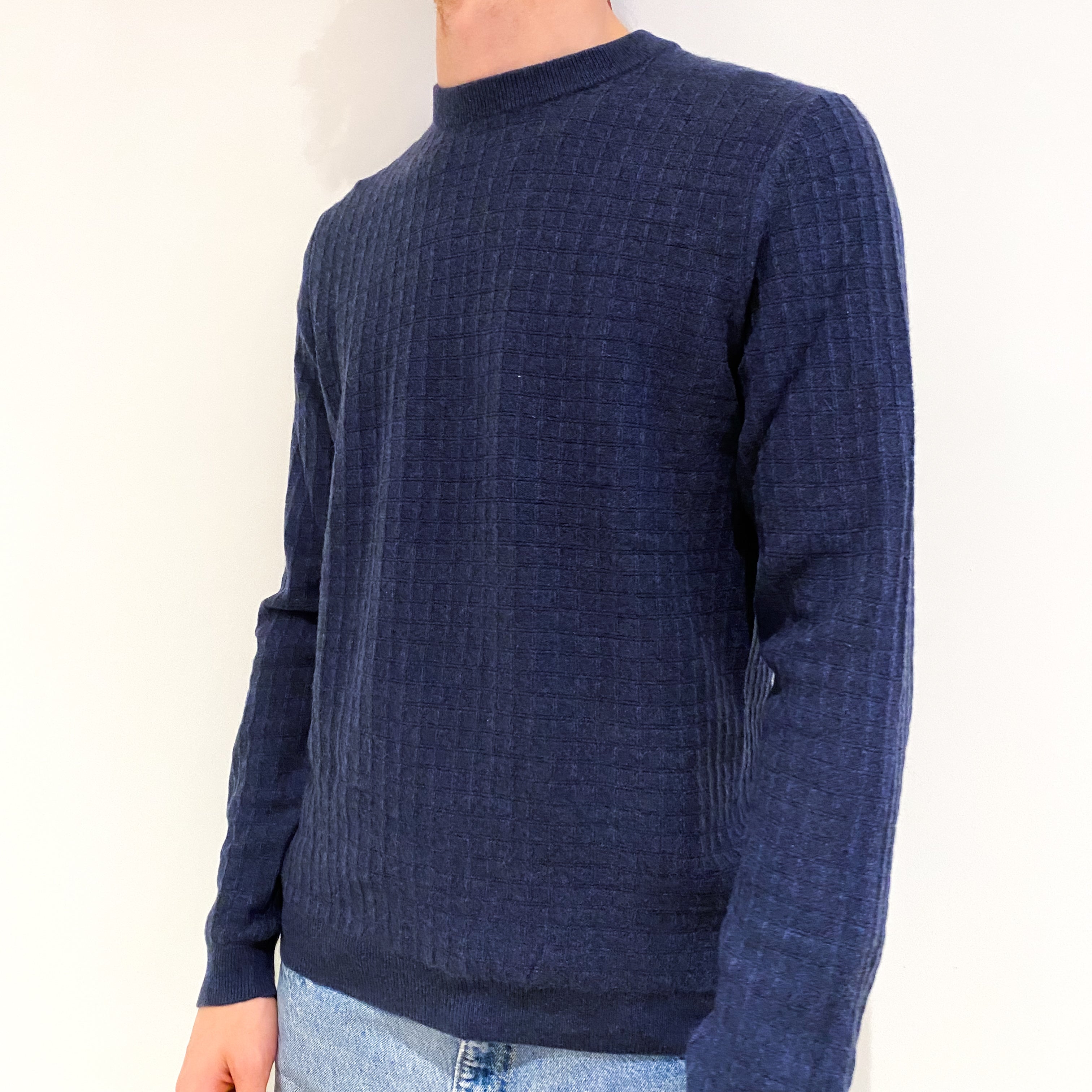 Men's Dark Denim Blue Cashmere Crew Neck Jumper Medium