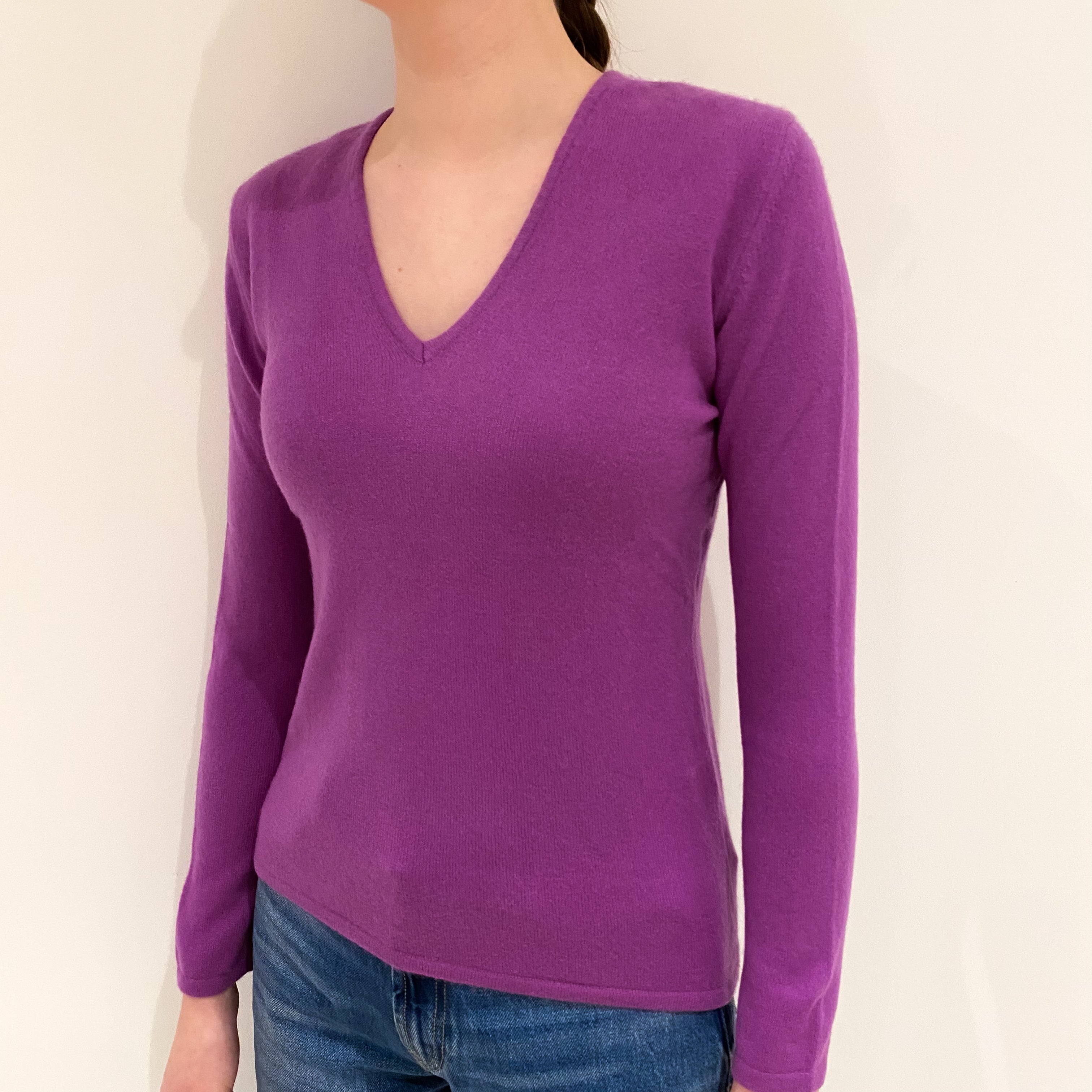 Magenta Purple Cashmere V Neck Jumper Extra Small