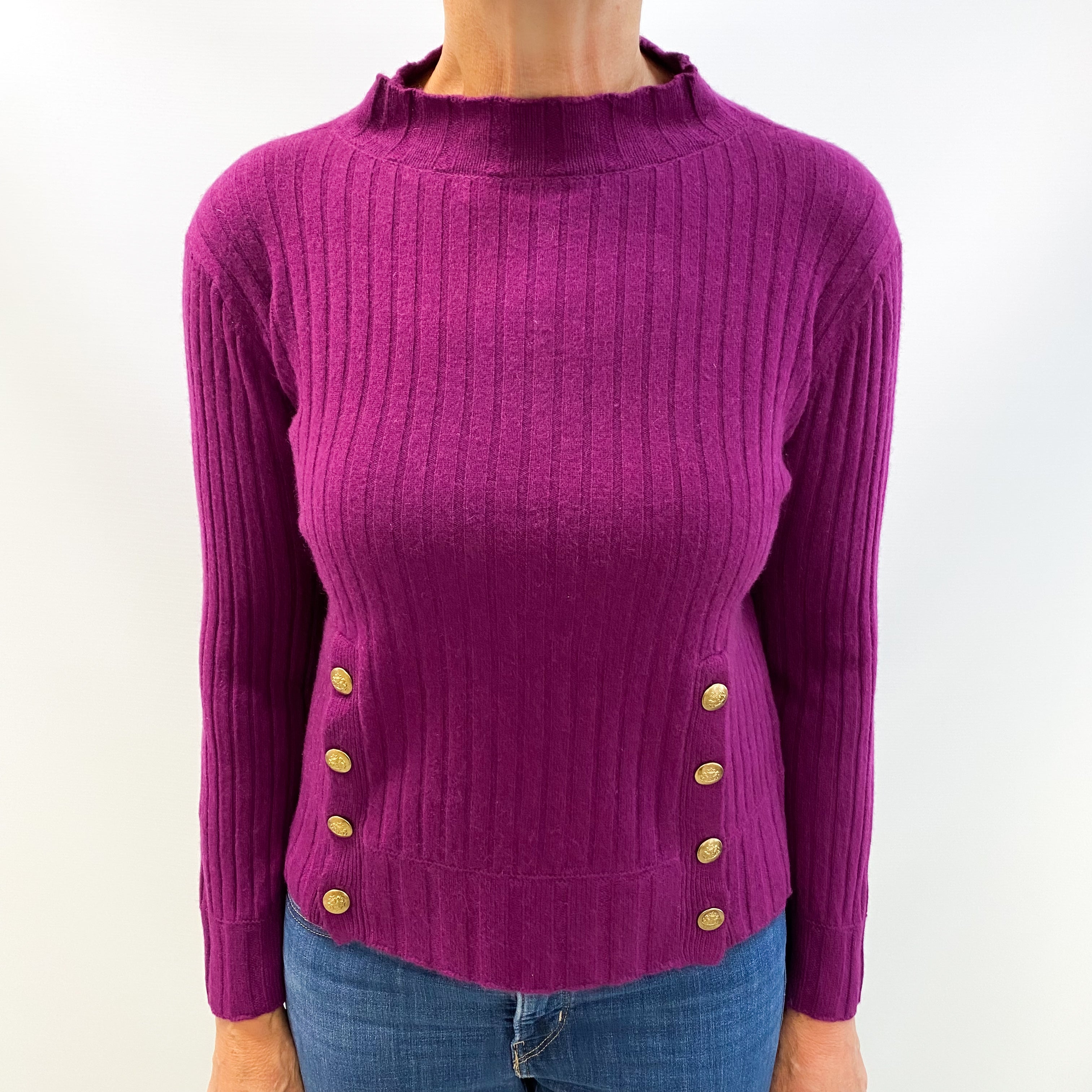 Deep Magenta Purple Cashmere Polo Neck Rib Knit Jumper Medium