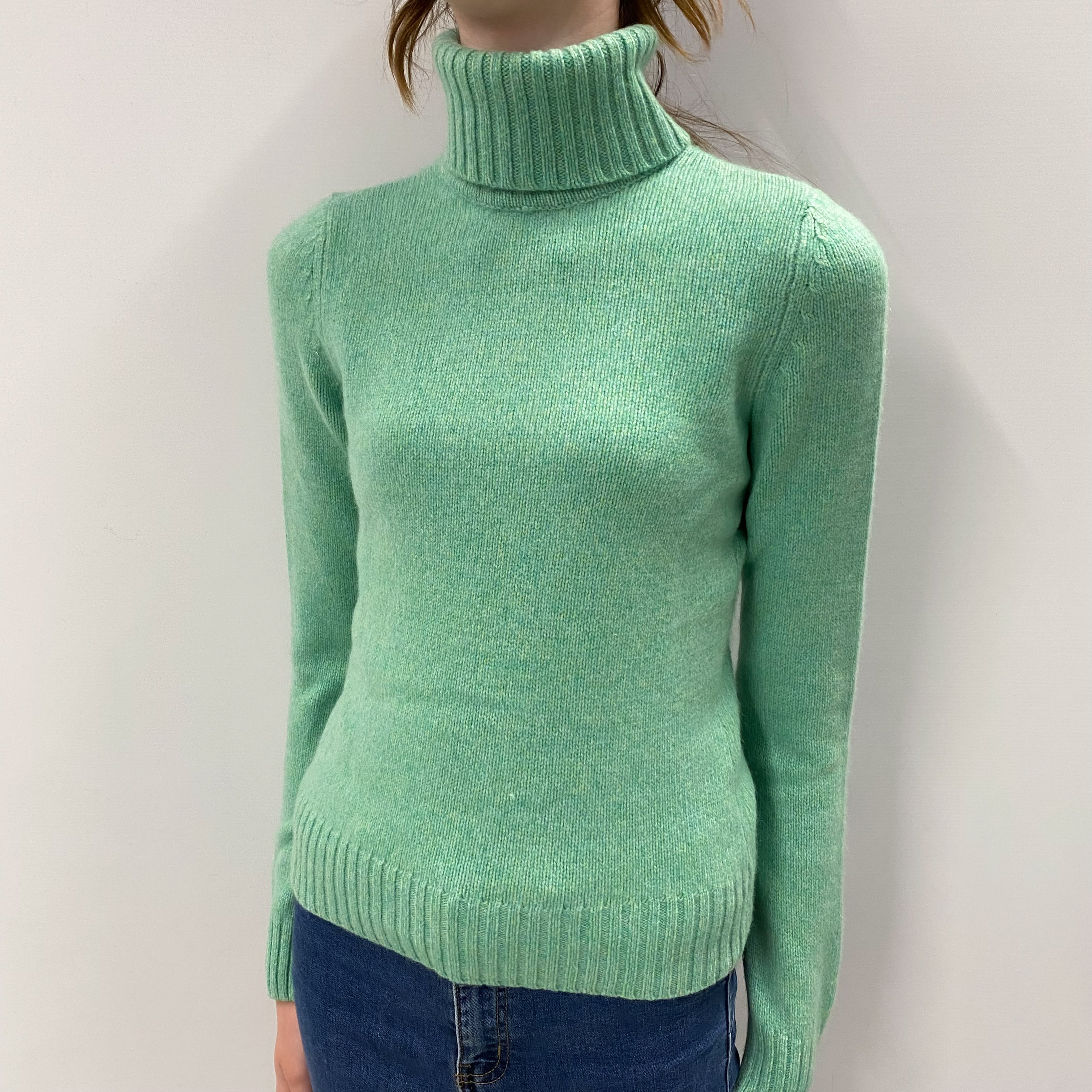 Deep Mint Green Cashmere Polo Neck Jumper Extra Small
